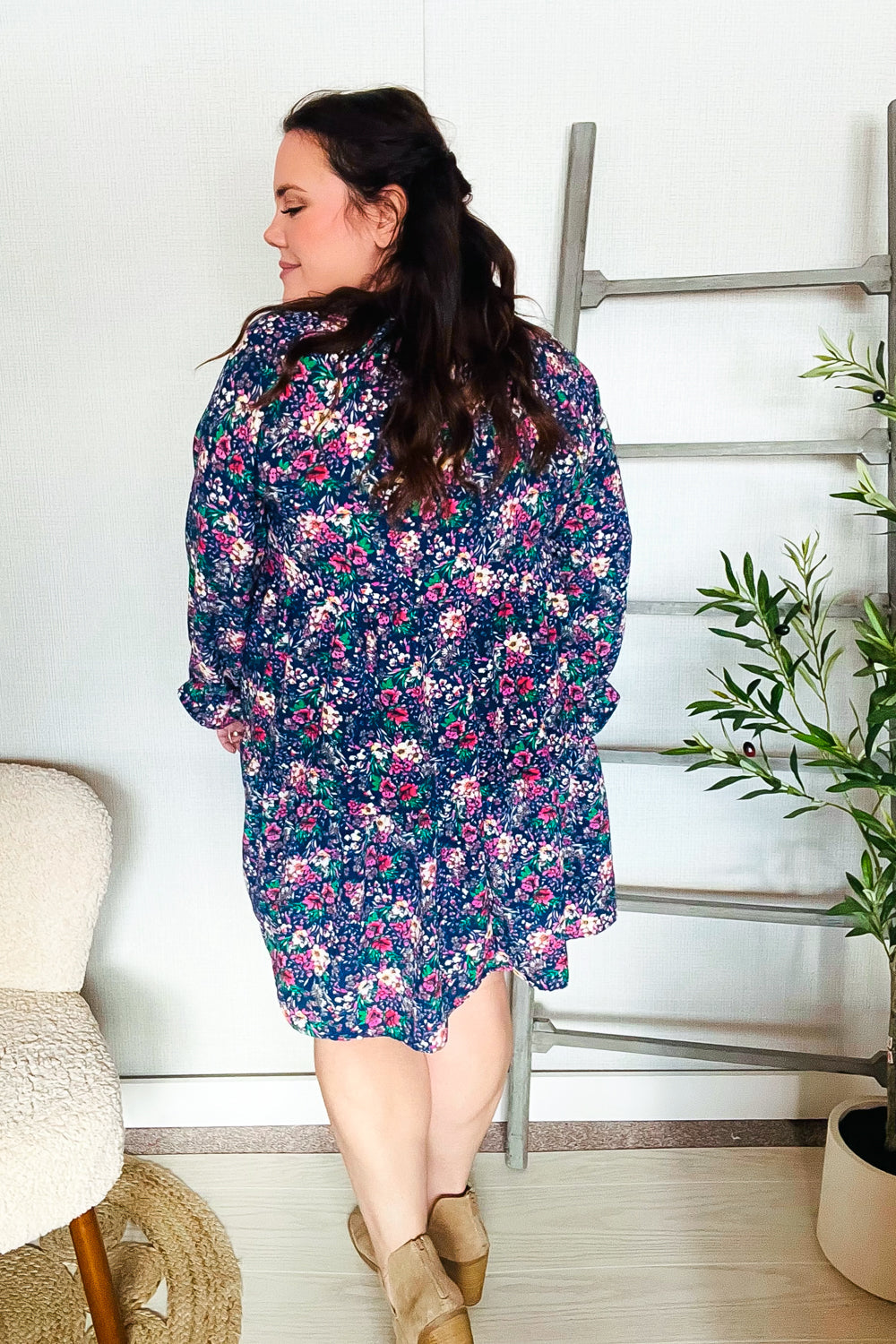 Feeling Joyful Navy Floral Bow Tie Babydoll Long Ruffle Sleeve Dress - Charming Charlie