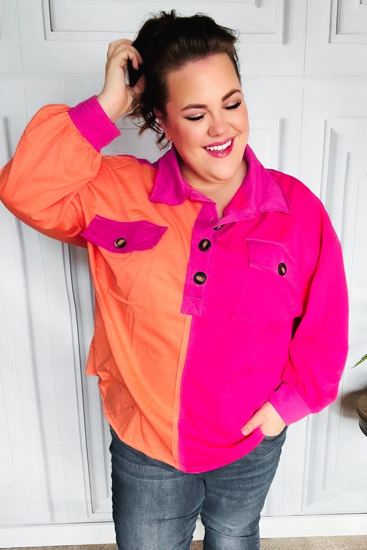 Feeling Bold Orange & Fuchsia Color Block Button Down Top - Charming Charlie