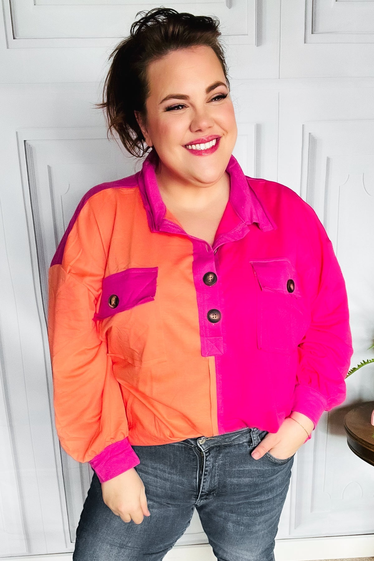 Feeling Bold Orange & Fuchsia Color Block Button Down Top - Charming Charlie