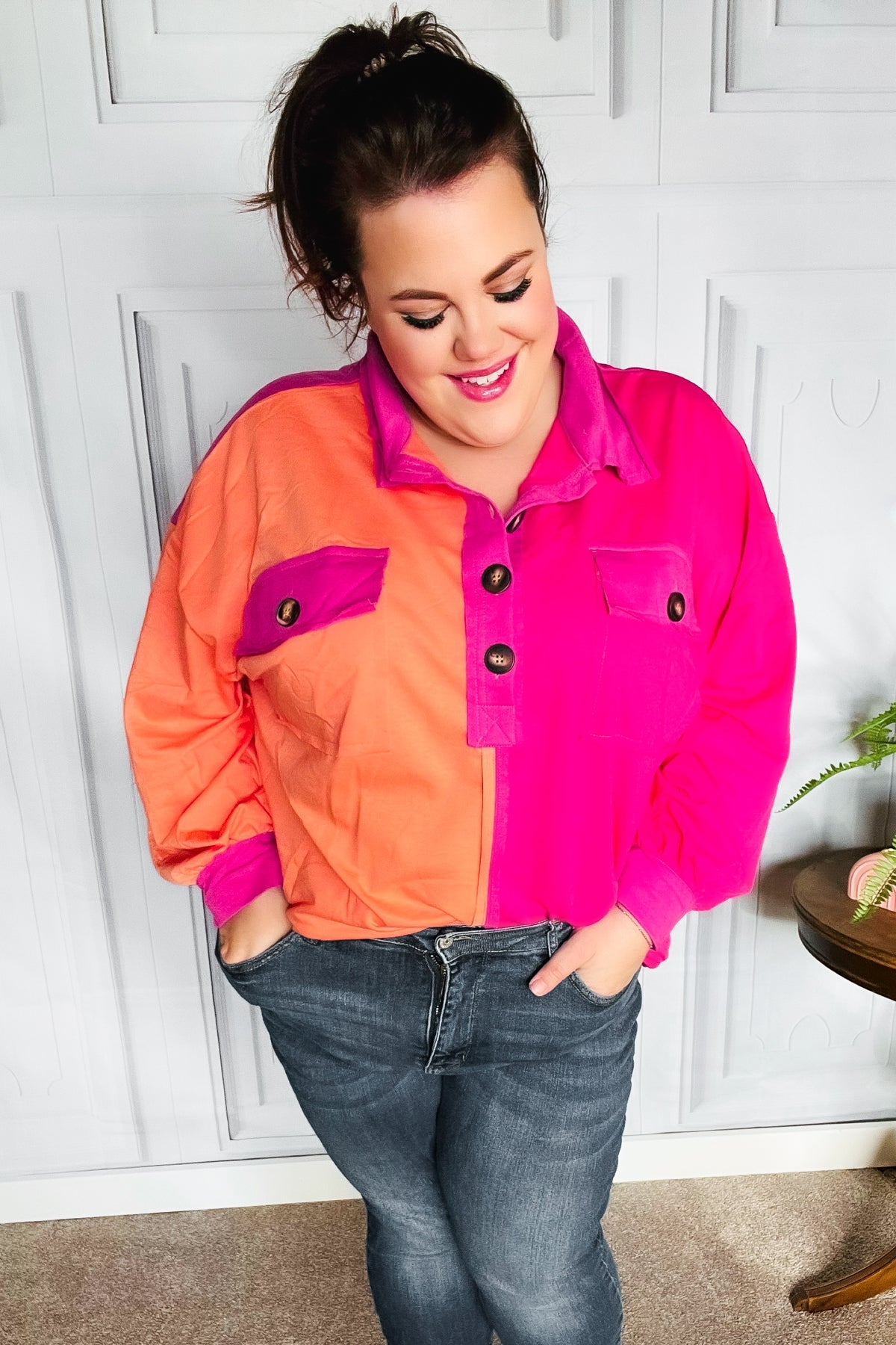 Feeling Bold Orange & Fuchsia Color Block Button Down Top - Charming Charlie