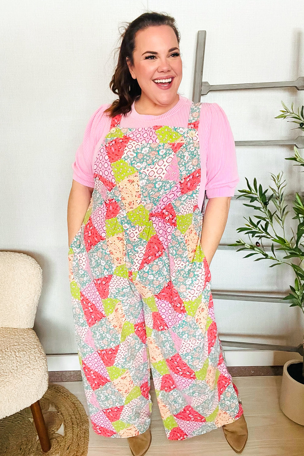 Stand Out Multicolor Boho Patchwork Wide Leg Overall Jumpsuit - Charming Charlie