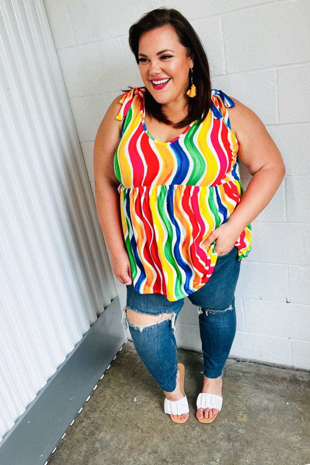 Multicolor Wavy Stripe Shoulder Tie Detail Top - Charming Charlie