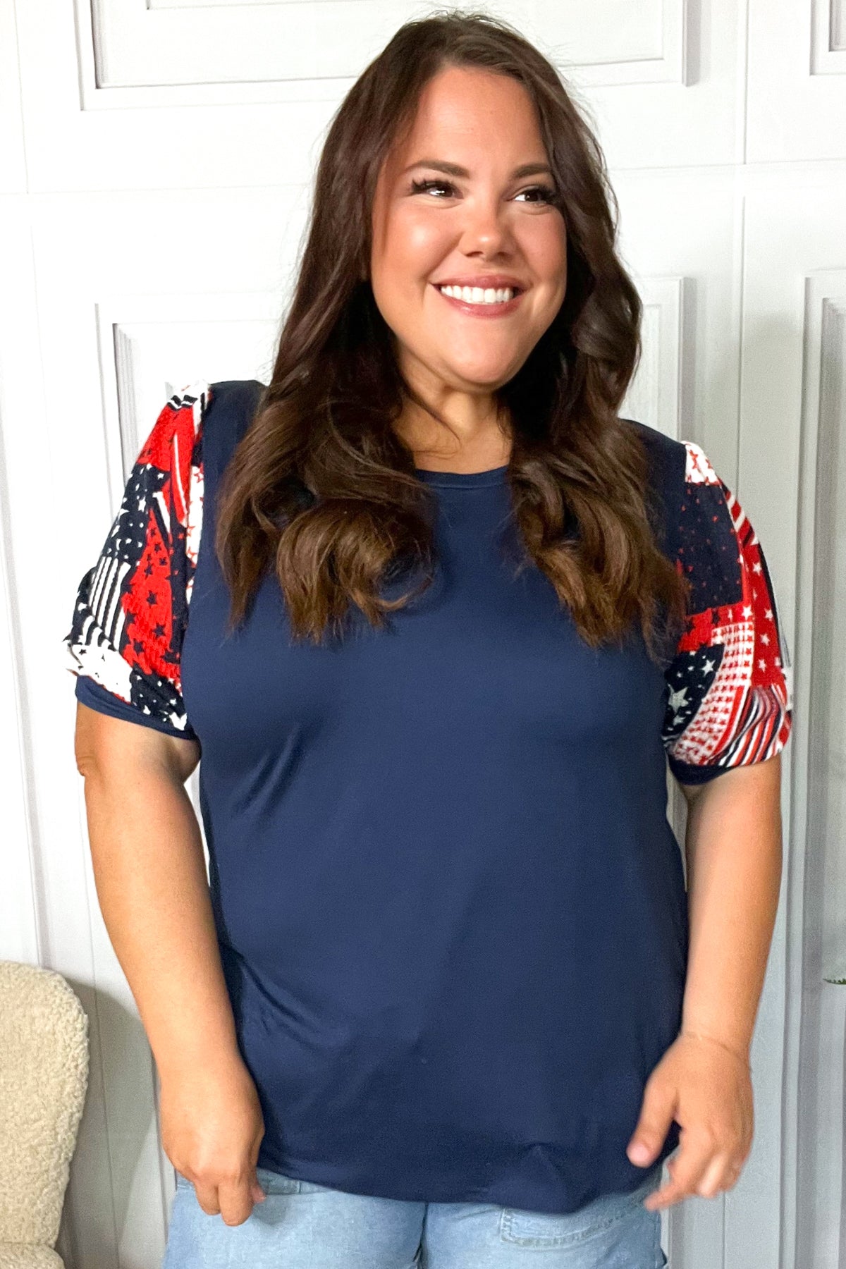 Stand-Out Navy Patriotic Patchwork Puff Sleeve Top - Charming Charlie