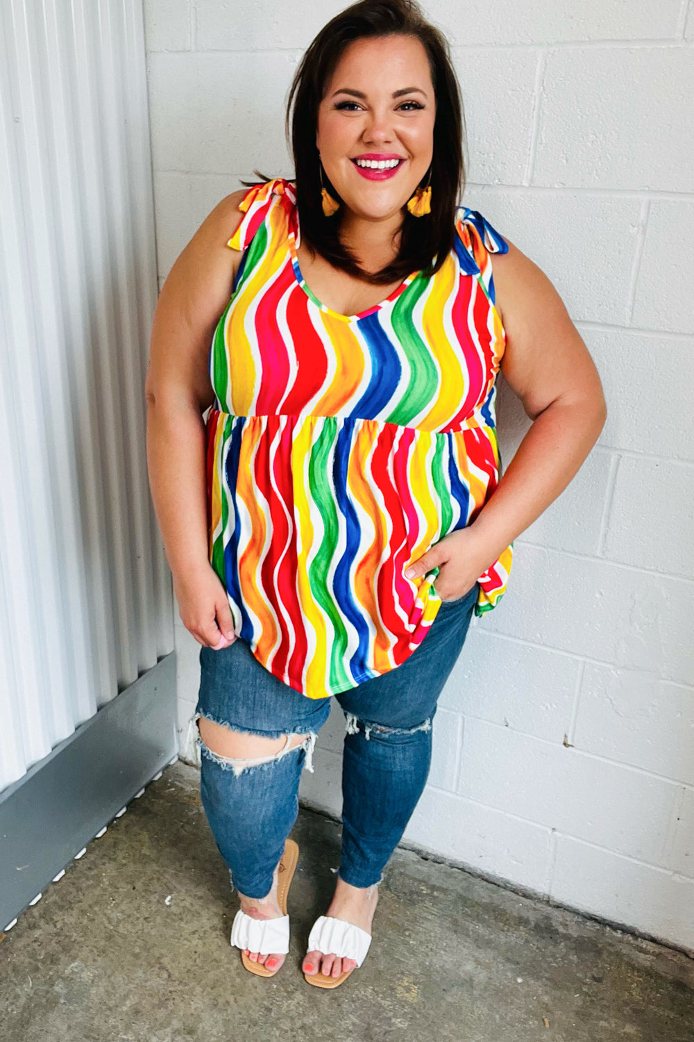Multicolor Wavy Stripe Shoulder Tie Detail Top - Charming Charlie