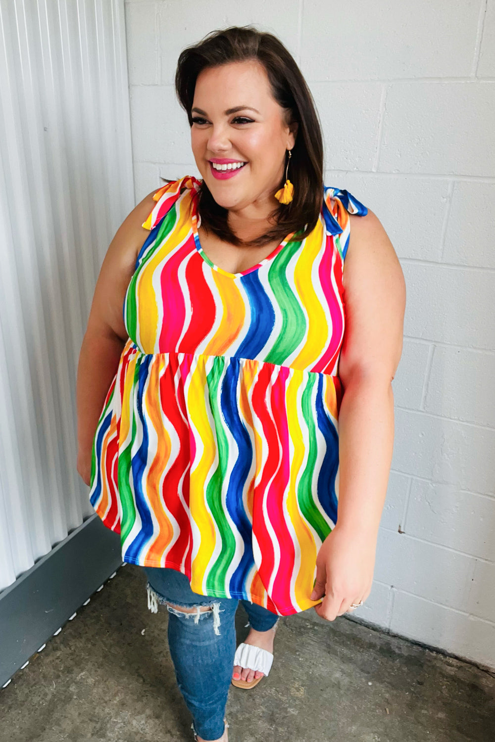 Multicolor Wavy Stripe Shoulder Tie Detail Top - Charming Charlie