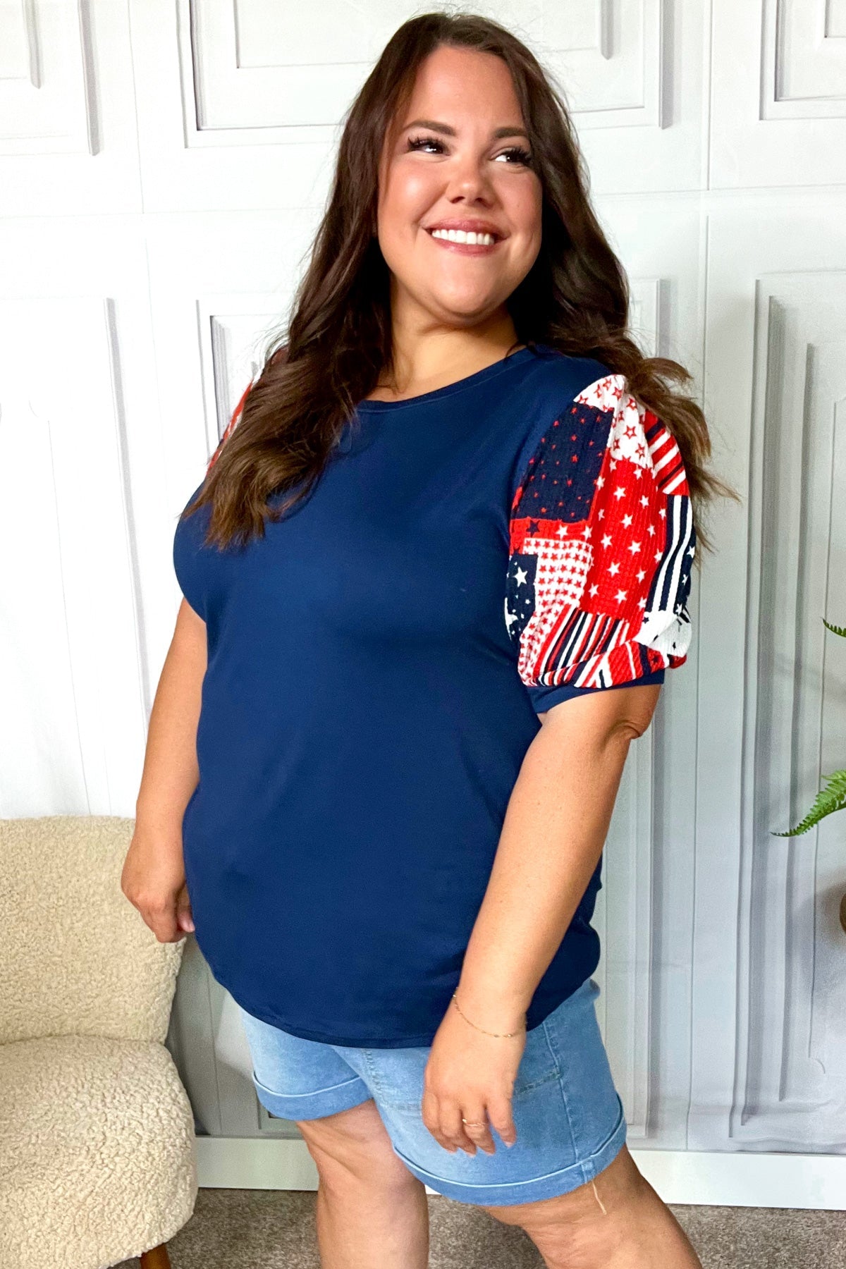 Stand-Out Navy Patriotic Patchwork Puff Sleeve Top - Charming Charlie