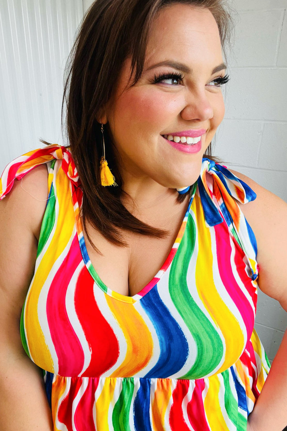 Multicolor Wavy Stripe Shoulder Tie Detail Top - Charming Charlie