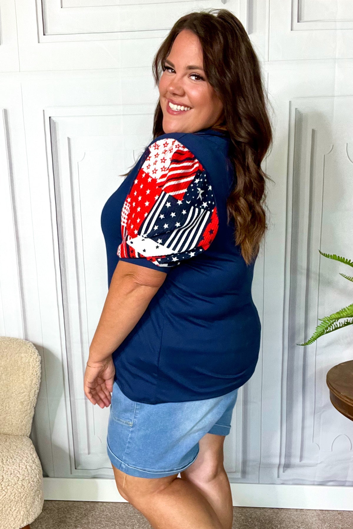 Stand-Out Navy Patriotic Patchwork Puff Sleeve Top - Charming Charlie
