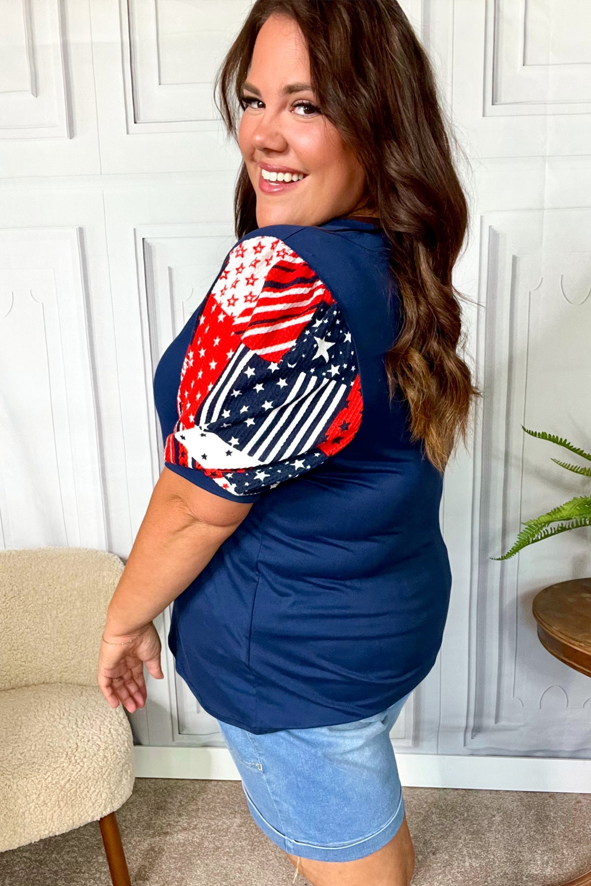 Stand-Out Navy Patriotic Patchwork Puff Sleeve Top - Charming Charlie