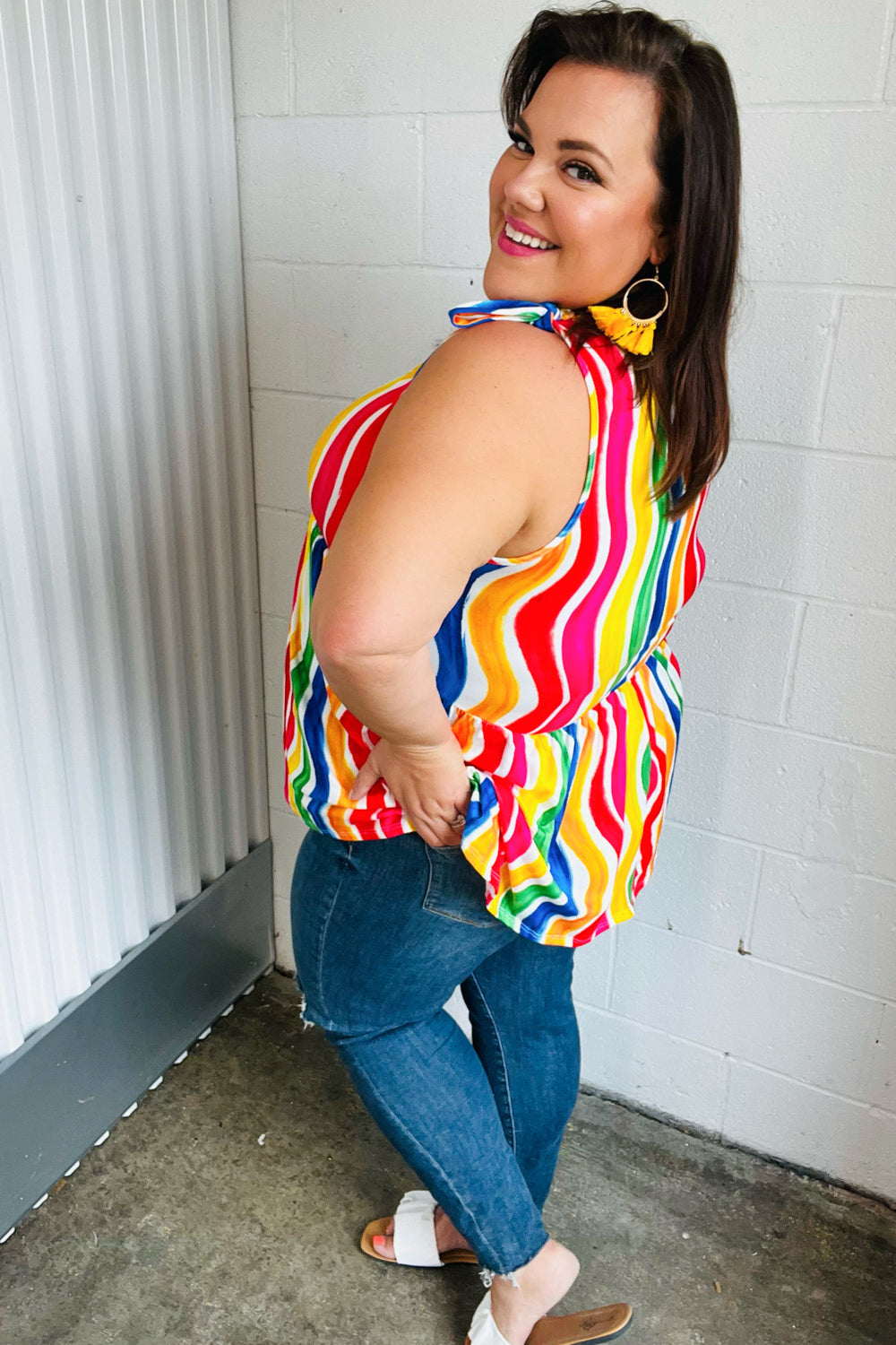 Multicolor Wavy Stripe Shoulder Tie Detail Top - Charming Charlie