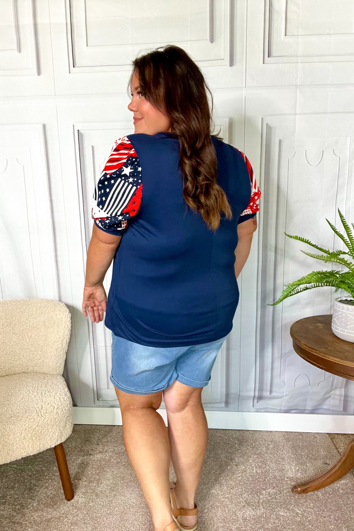 Stand-Out Navy Patriotic Patchwork Puff Sleeve Top - Charming Charlie