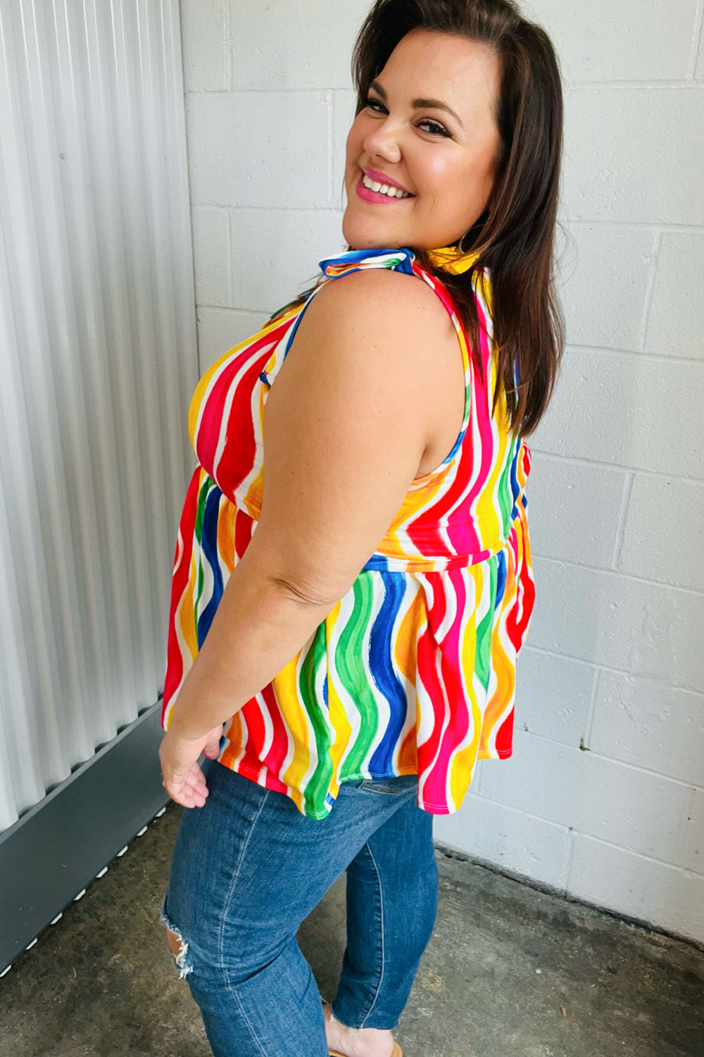 Multicolor Wavy Stripe Shoulder Tie Detail Top - Charming Charlie