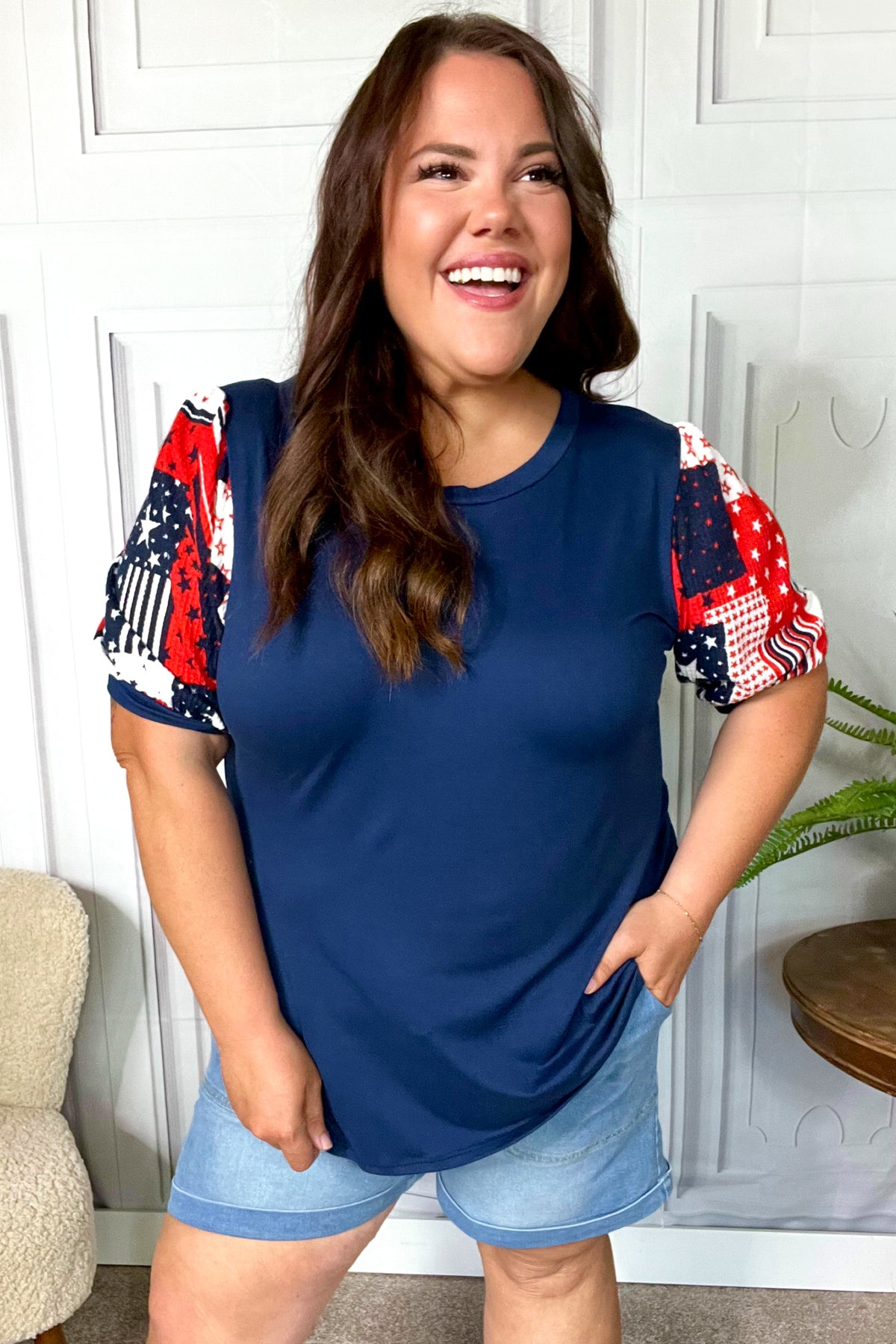 Stand-Out Navy Patriotic Patchwork Puff Sleeve Top - Charming Charlie