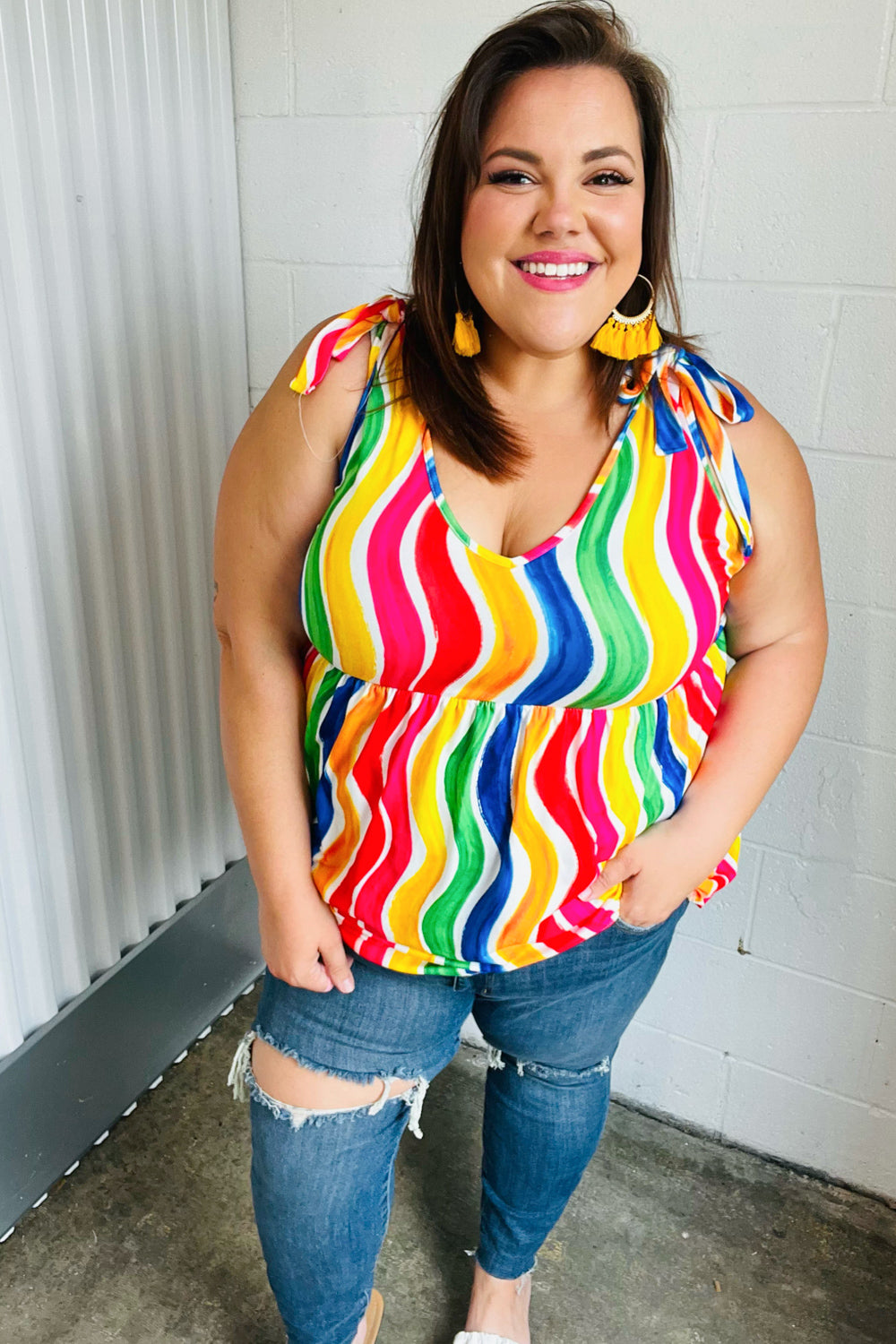 Multicolor Wavy Stripe Shoulder Tie Detail Top - Charming Charlie