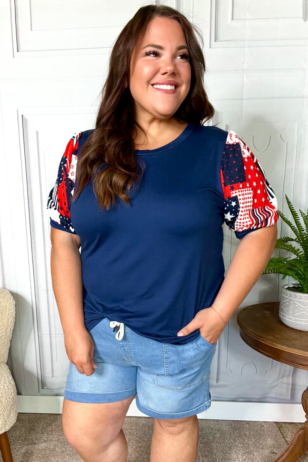 Stand-Out Navy Patriotic Patchwork Puff Sleeve Top - Charming Charlie