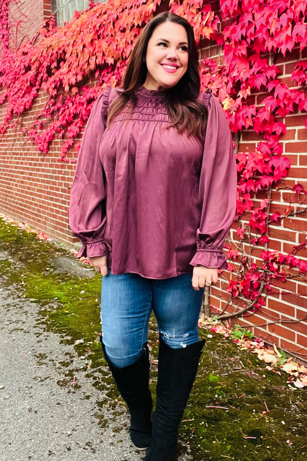 Be Your Best Wine Satin Shirred Yoke Frilled Mock Neck Top - Charming Charlie