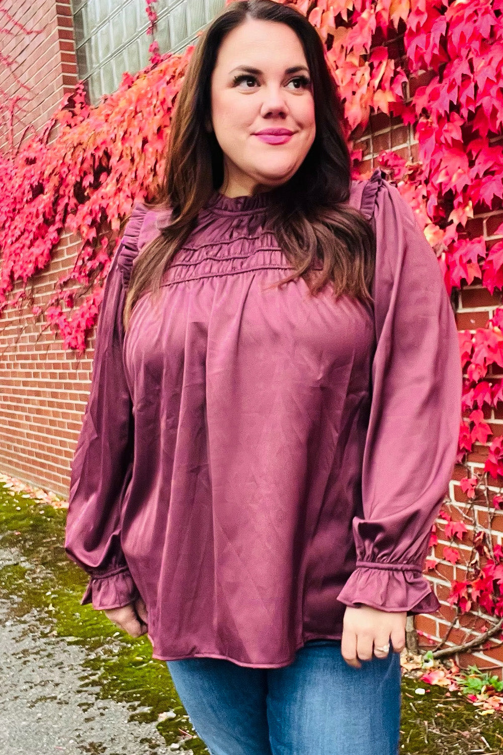 Be Your Best Wine Satin Shirred Yoke Frilled Mock Neck Top - Charming Charlie