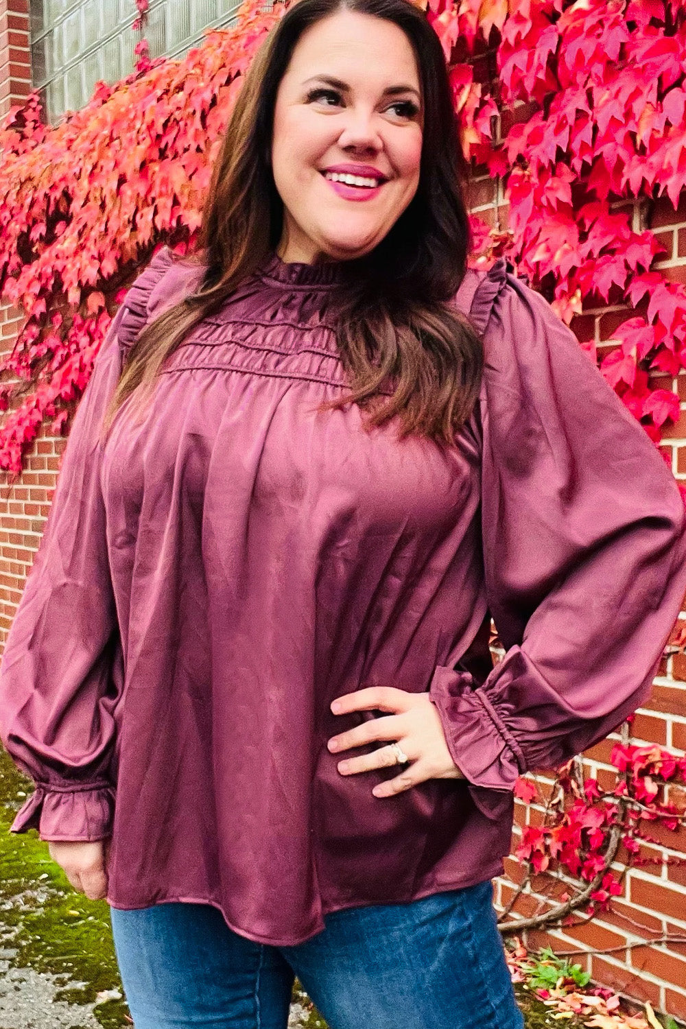 Be Your Best Wine Satin Shirred Yoke Frilled Mock Neck Top - Charming Charlie