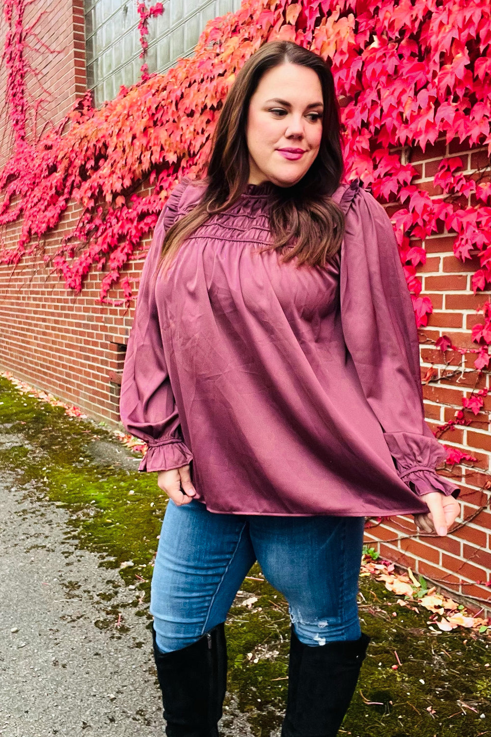 Be Your Best Wine Satin Shirred Yoke Frilled Mock Neck Top - Charming Charlie