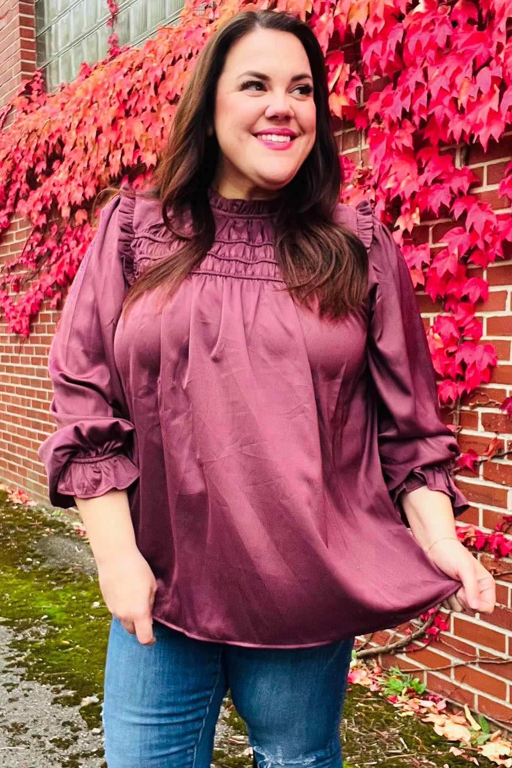 Be Your Best Wine Satin Shirred Yoke Frilled Mock Neck Top - Charming Charlie