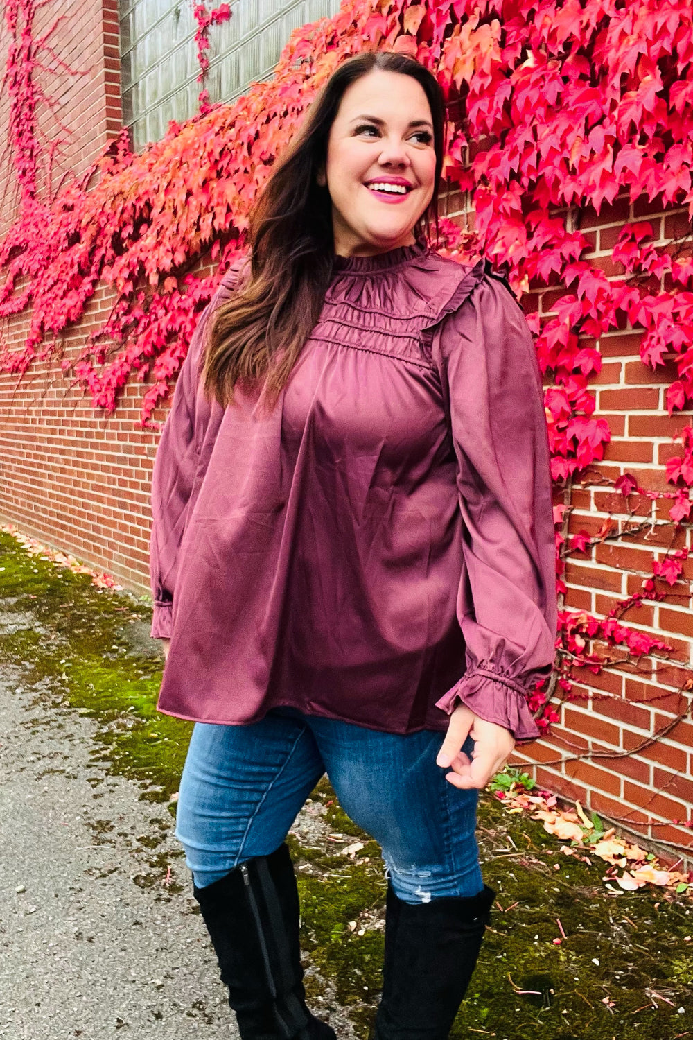 Be Your Best Wine Satin Shirred Yoke Frilled Mock Neck Top - Charming Charlie