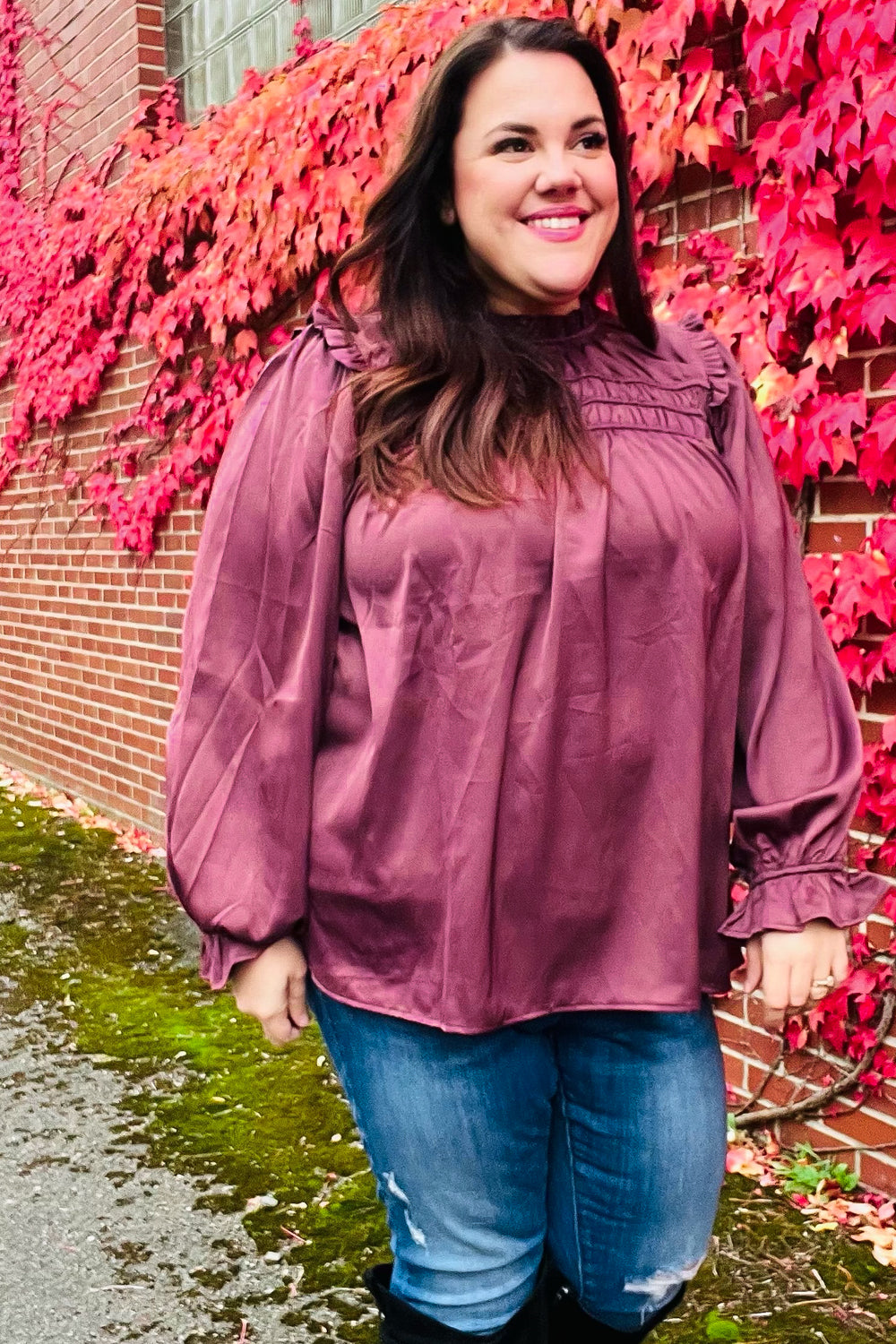 Be Your Best Wine Satin Shirred Yoke Frilled Mock Neck Top - Charming Charlie