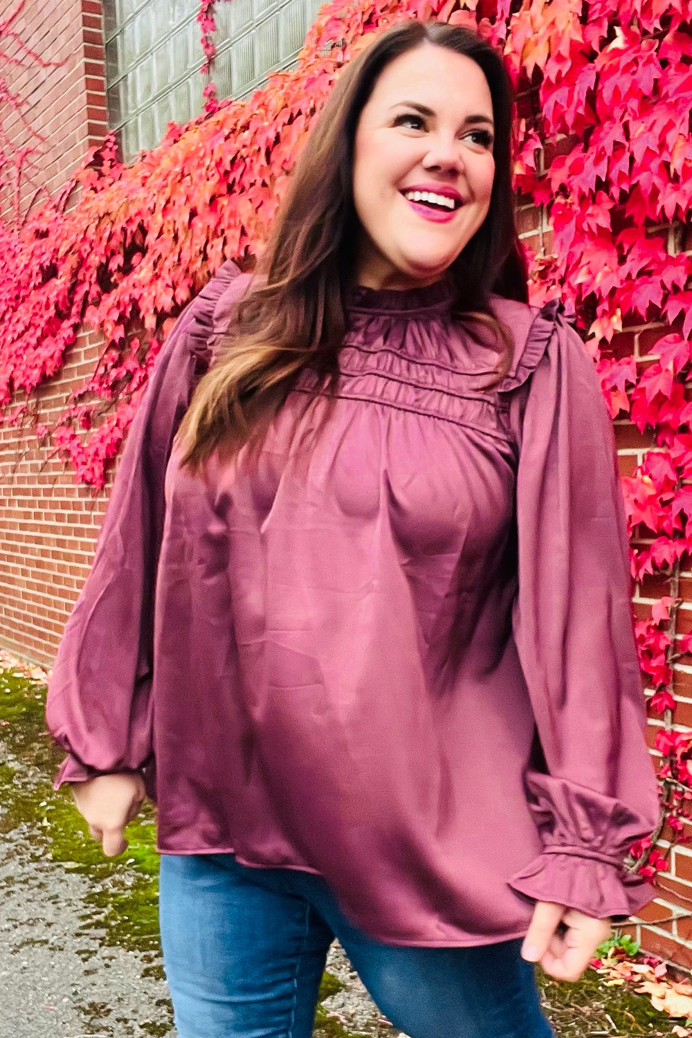 Be Your Best Wine Satin Shirred Yoke Frilled Mock Neck Top - Charming Charlie