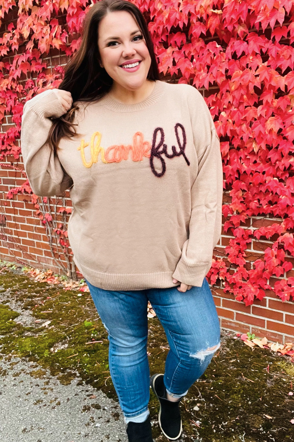 Feeling Thankful Taupe Pop Up Glittery Embroidery Sweater - Charming Charlie