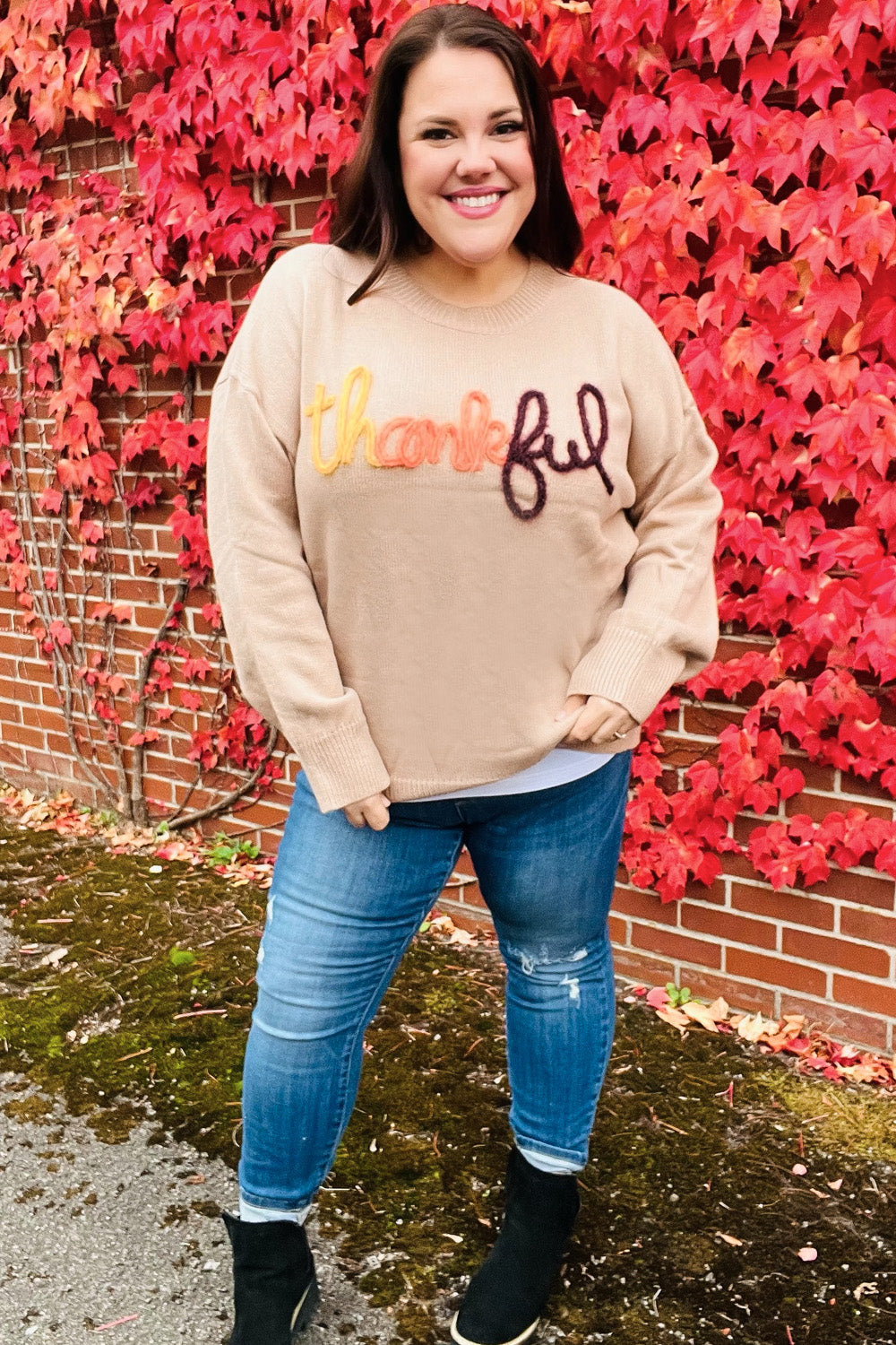 Feeling Thankful Taupe Pop Up Glittery Embroidery Sweater - Charming Charlie