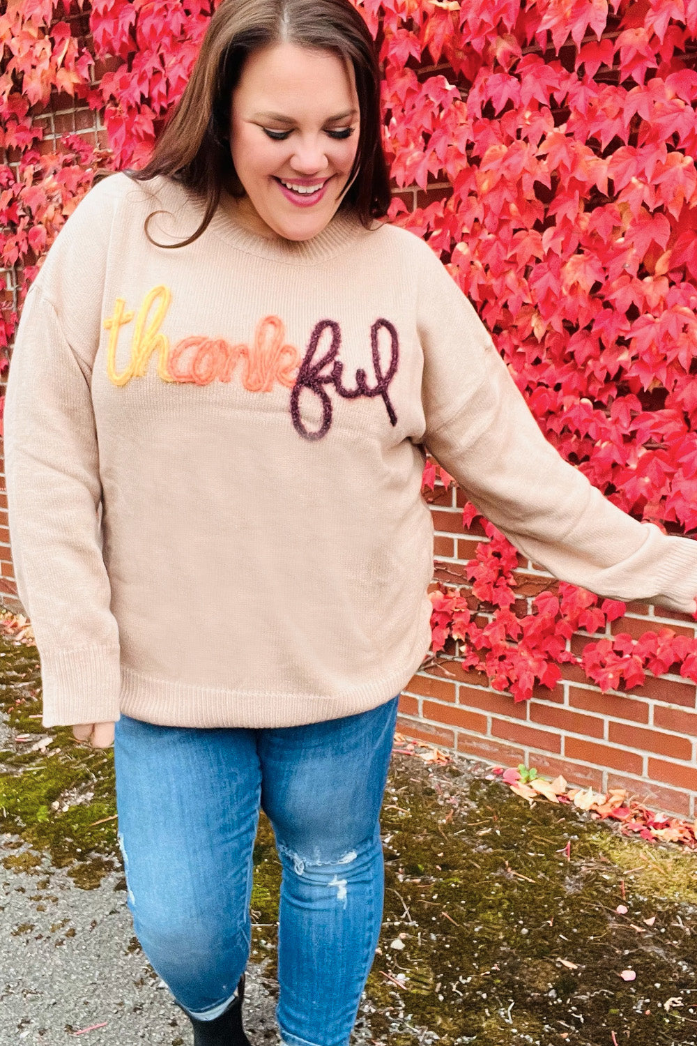 Feeling Thankful Taupe Pop Up Glittery Embroidery Sweater - Charming Charlie