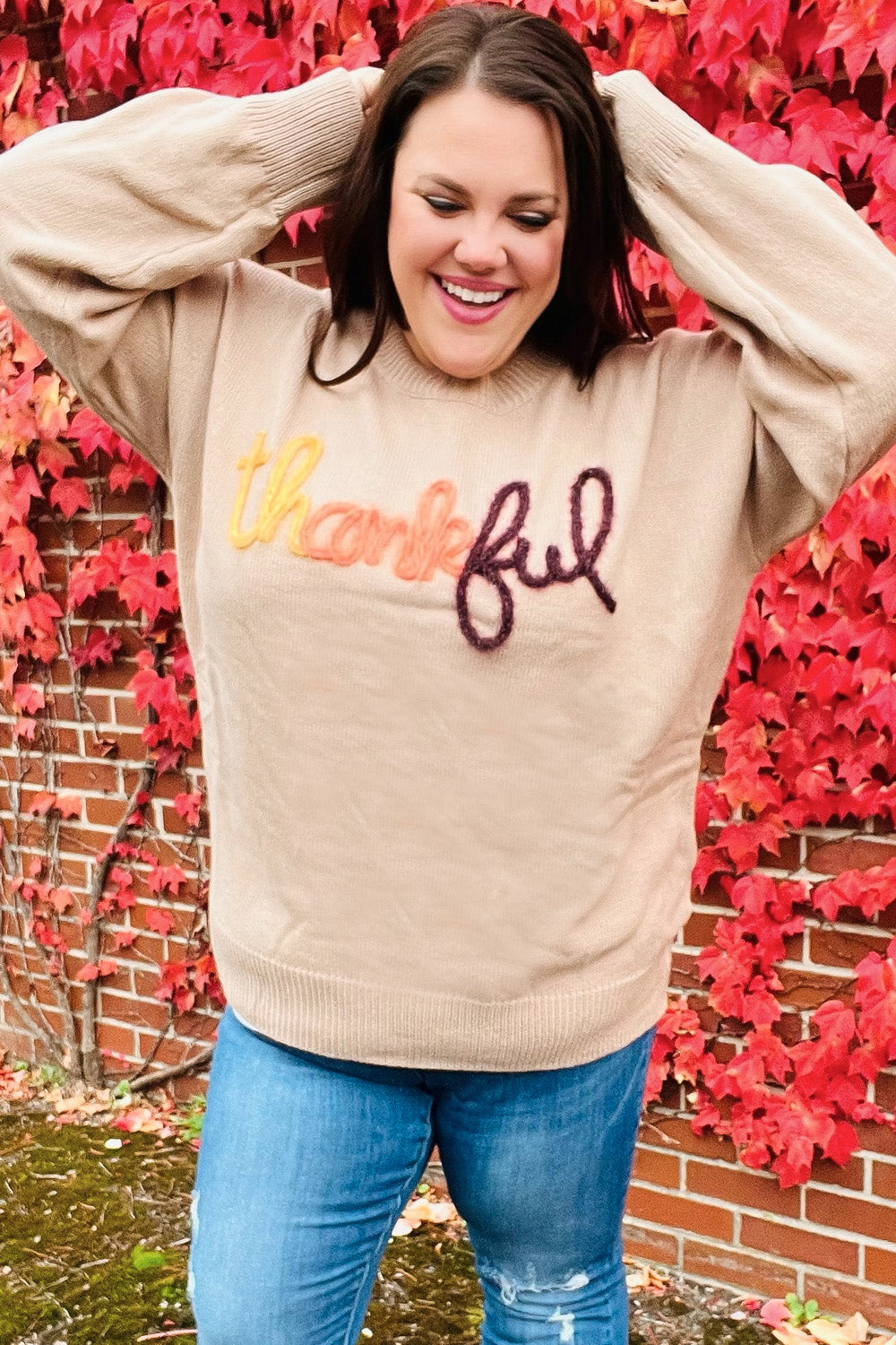 Feeling Thankful Taupe Pop Up Glittery Embroidery Sweater - Charming Charlie