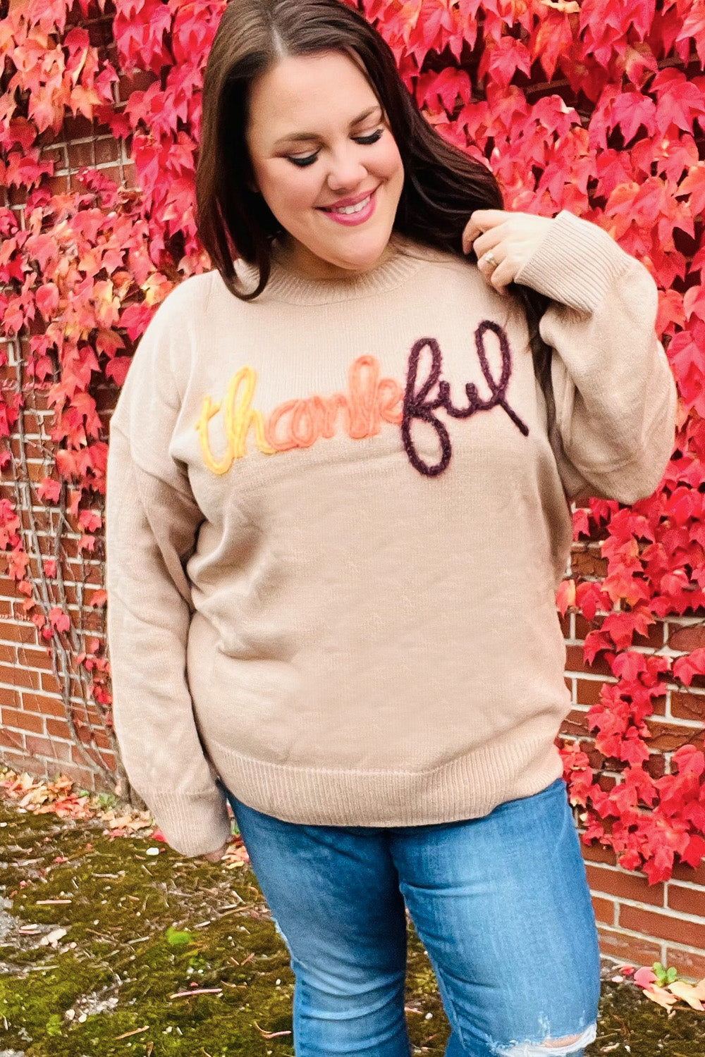 Feeling Thankful Taupe Pop Up Glittery Embroidery Sweater - Charming Charlie