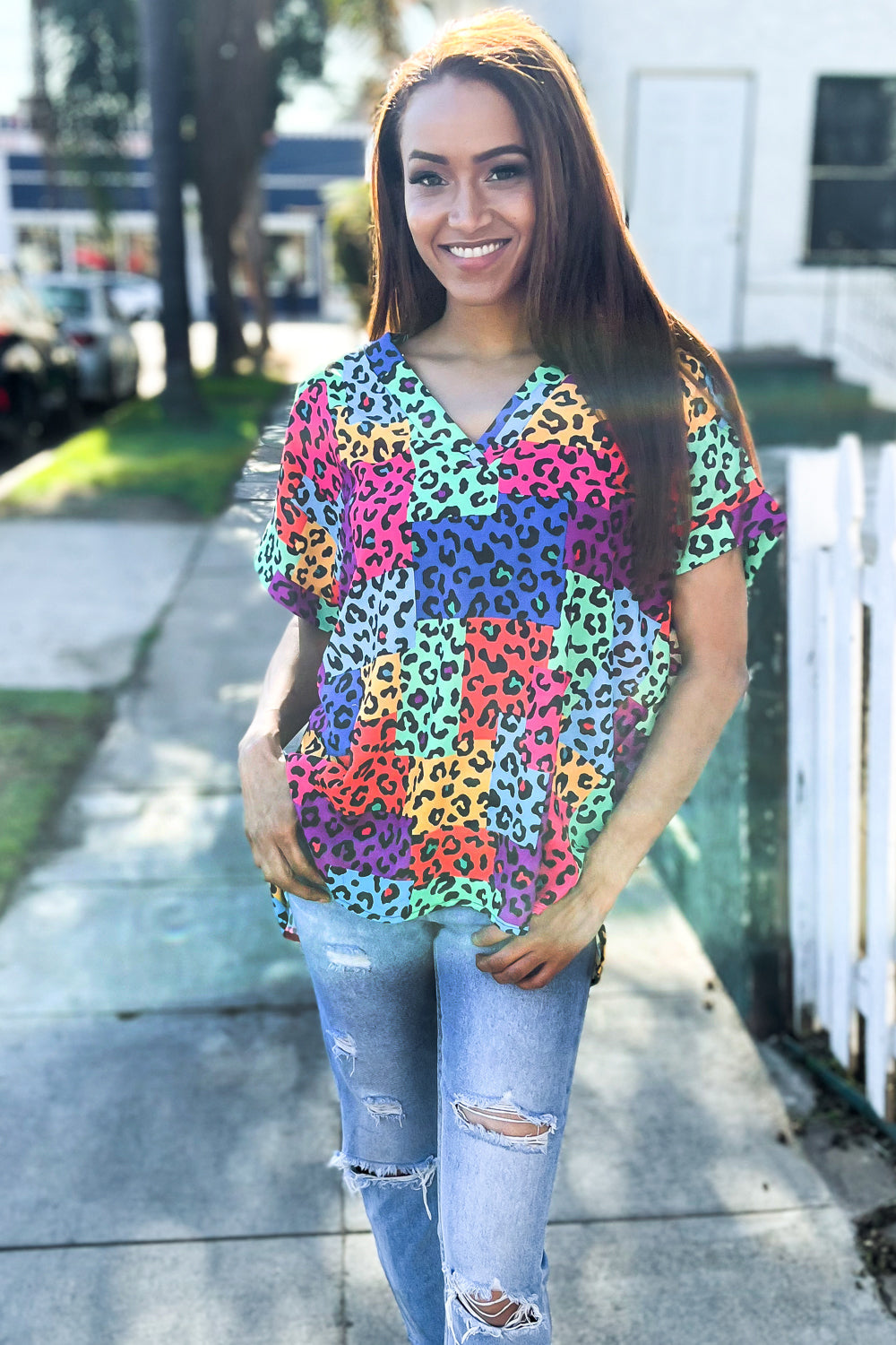 Dazzle in Multicolor Animal Patchwork V Neck Dolman Cap Sleeve Top - Charming Charlie
