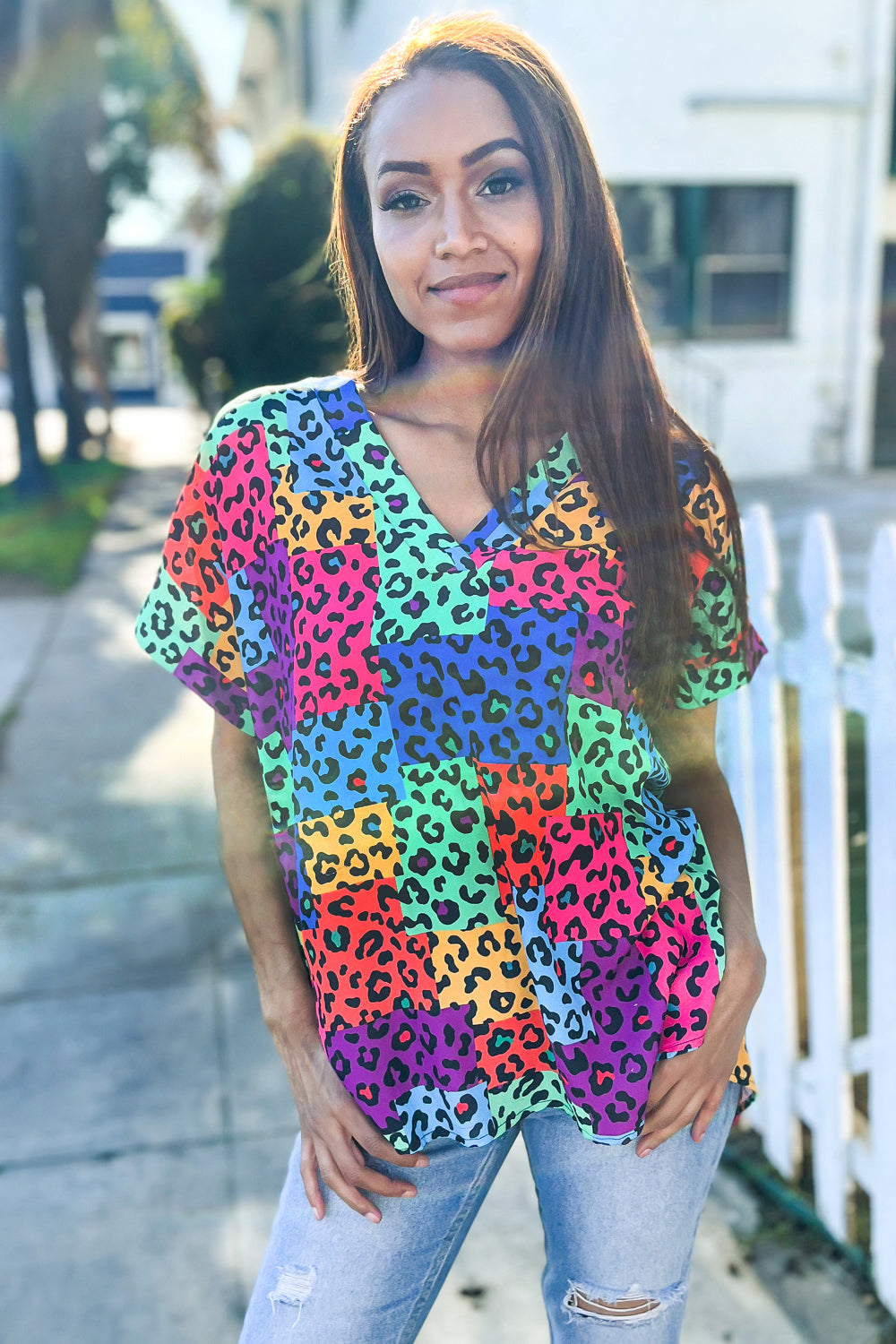 Dazzle in Multicolor Animal Patchwork V Neck Dolman Cap Sleeve Top - Charming Charlie