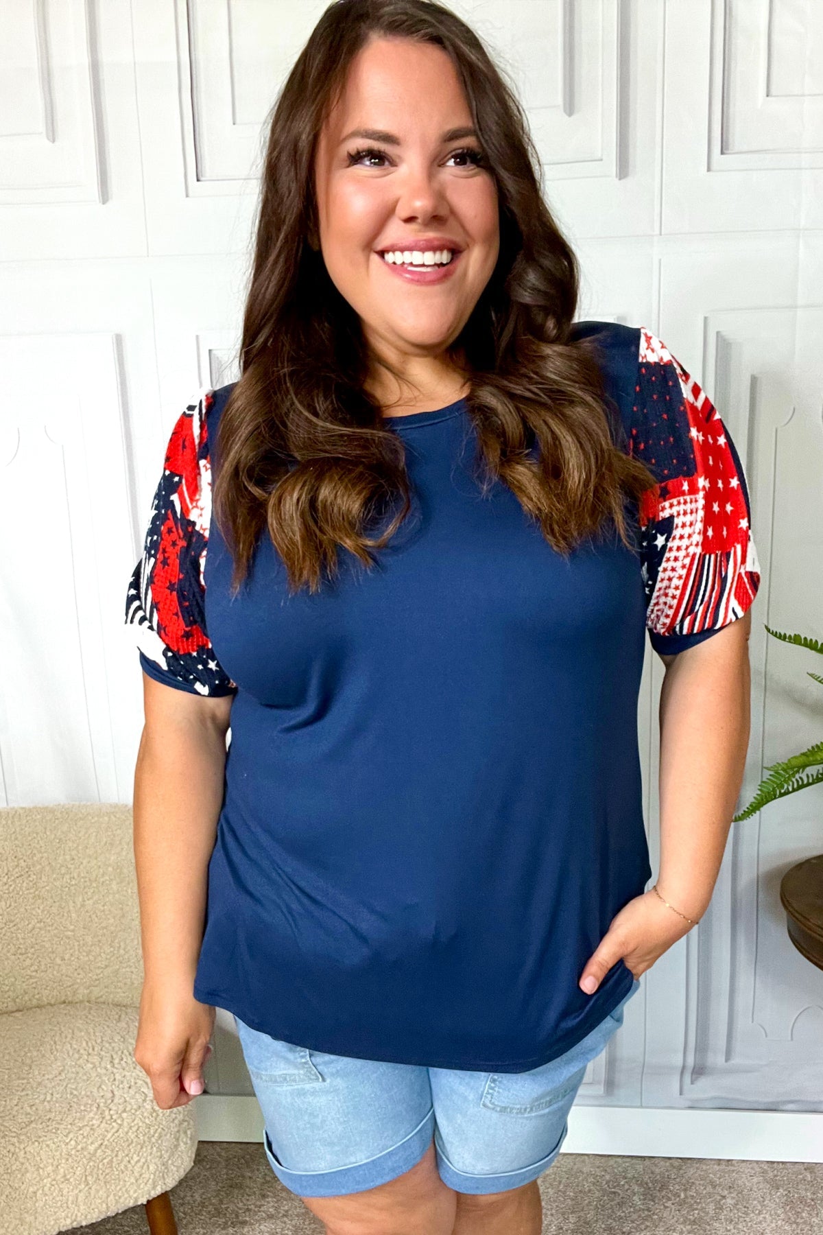 Stand-Out Navy Patriotic Patchwork Puff Sleeve Top - Charming Charlie