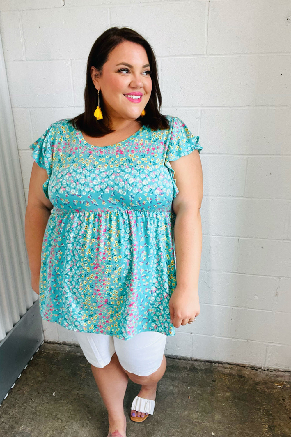 Turquoise Floral Stripe Babydoll Top - Charming Charlie