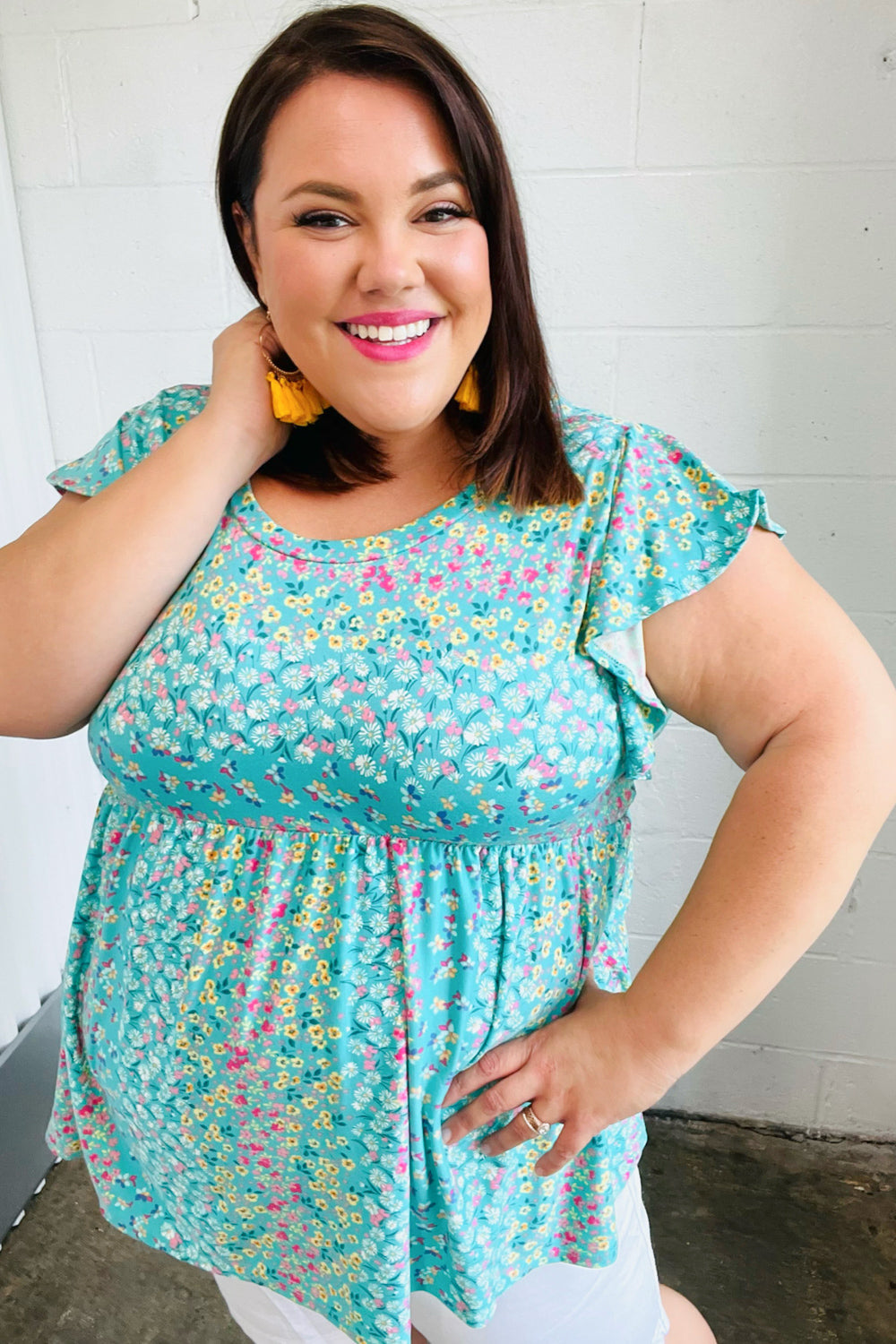 Turquoise Floral Stripe Babydoll Top - Charming Charlie