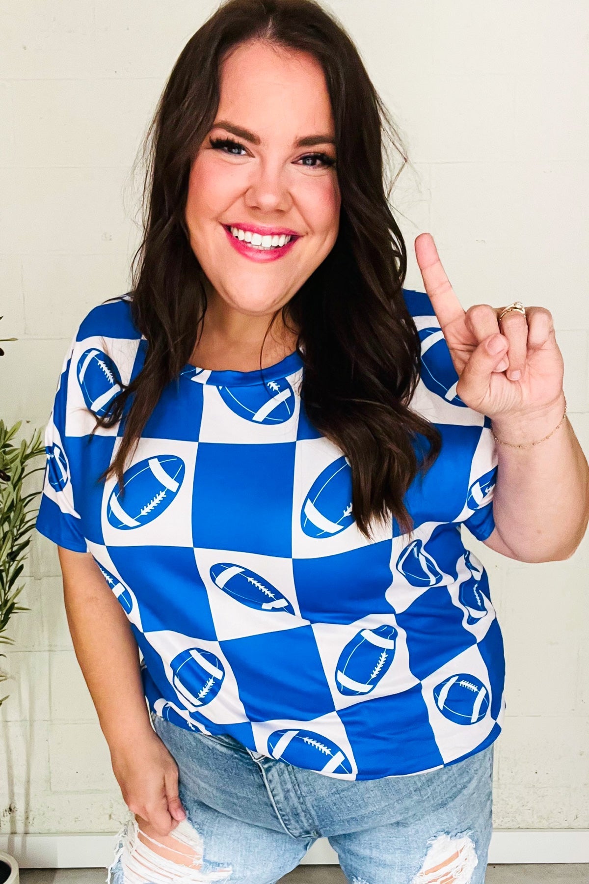 Turn Up The Volume Blue Football Checker Print Top - Charming Charlie