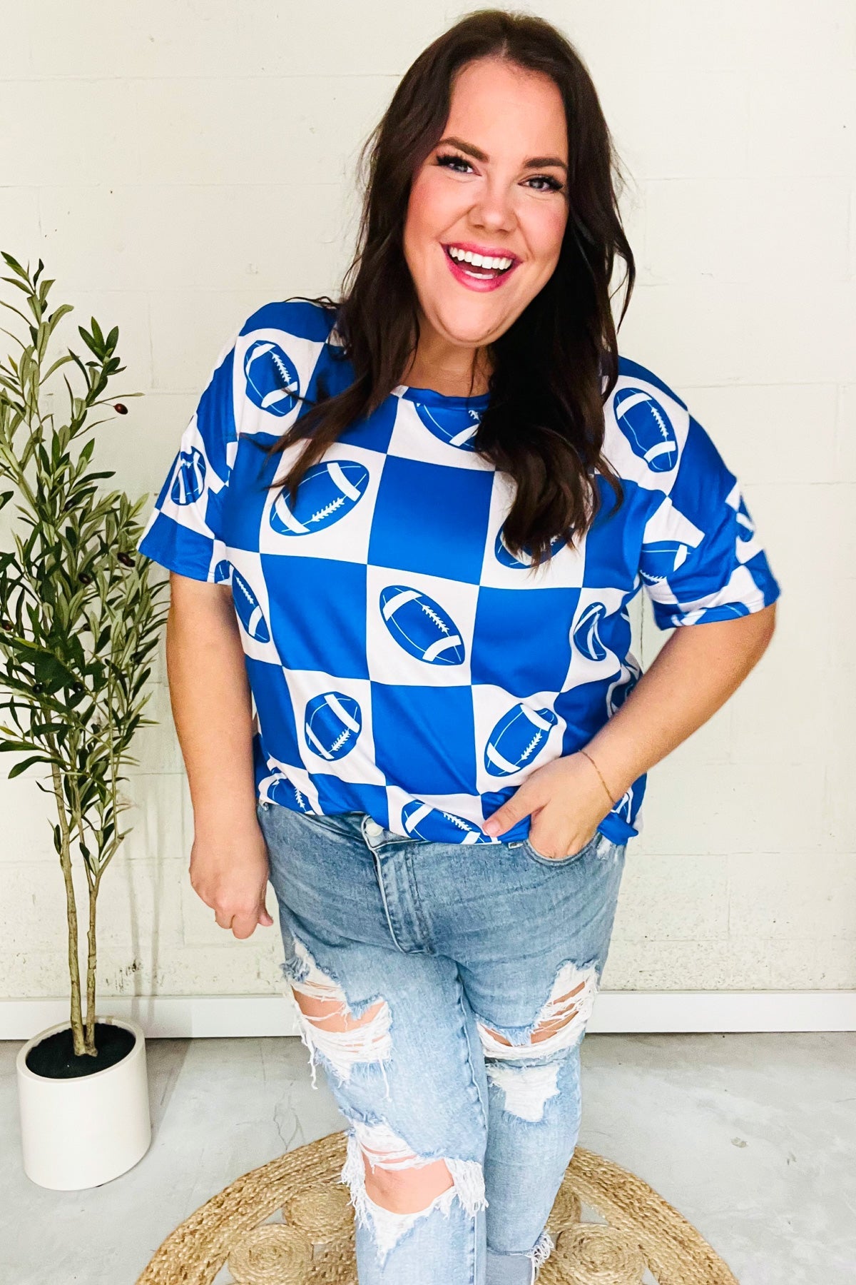Turn Up The Volume Blue Football Checker Print Top - Charming Charlie