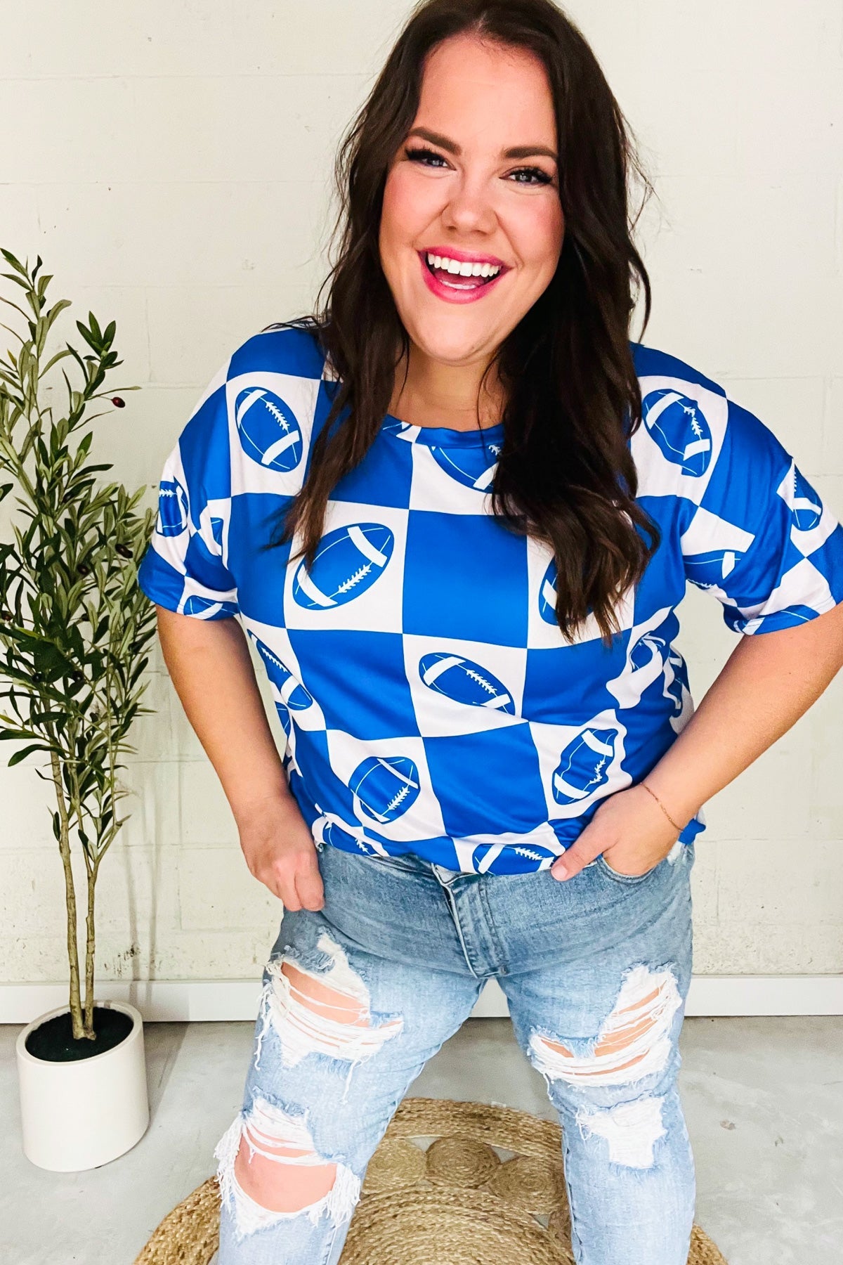 Turn Up The Volume Blue Football Checker Print Top - Charming Charlie