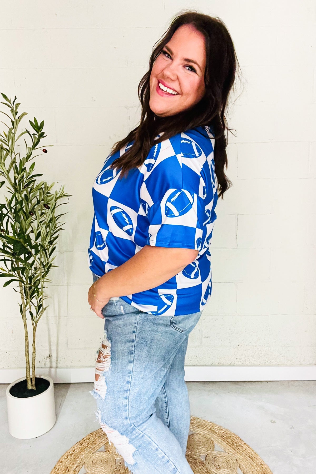 Turn Up The Volume Blue Football Checker Print Top - Charming Charlie