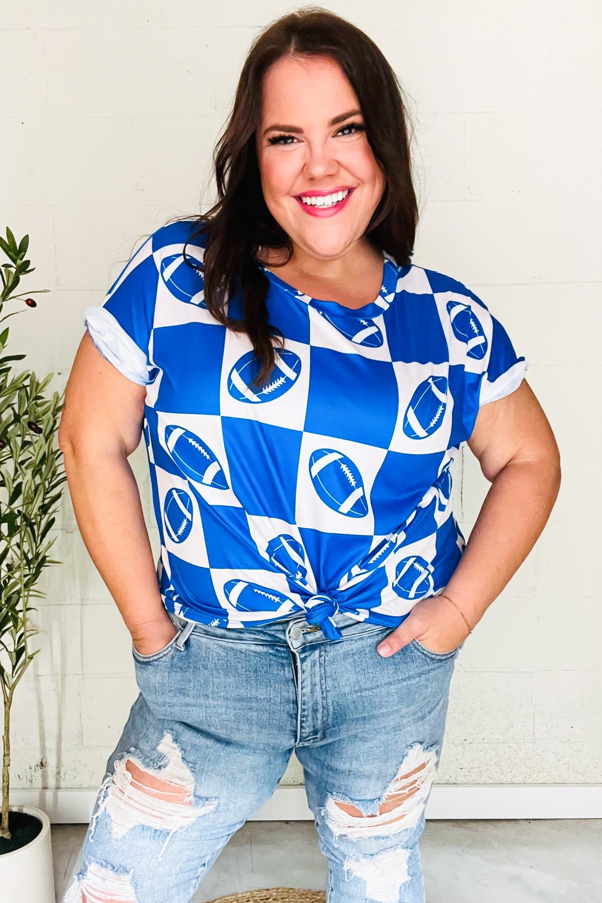 Turn Up The Volume Blue Football Checker Print Top - Charming Charlie
