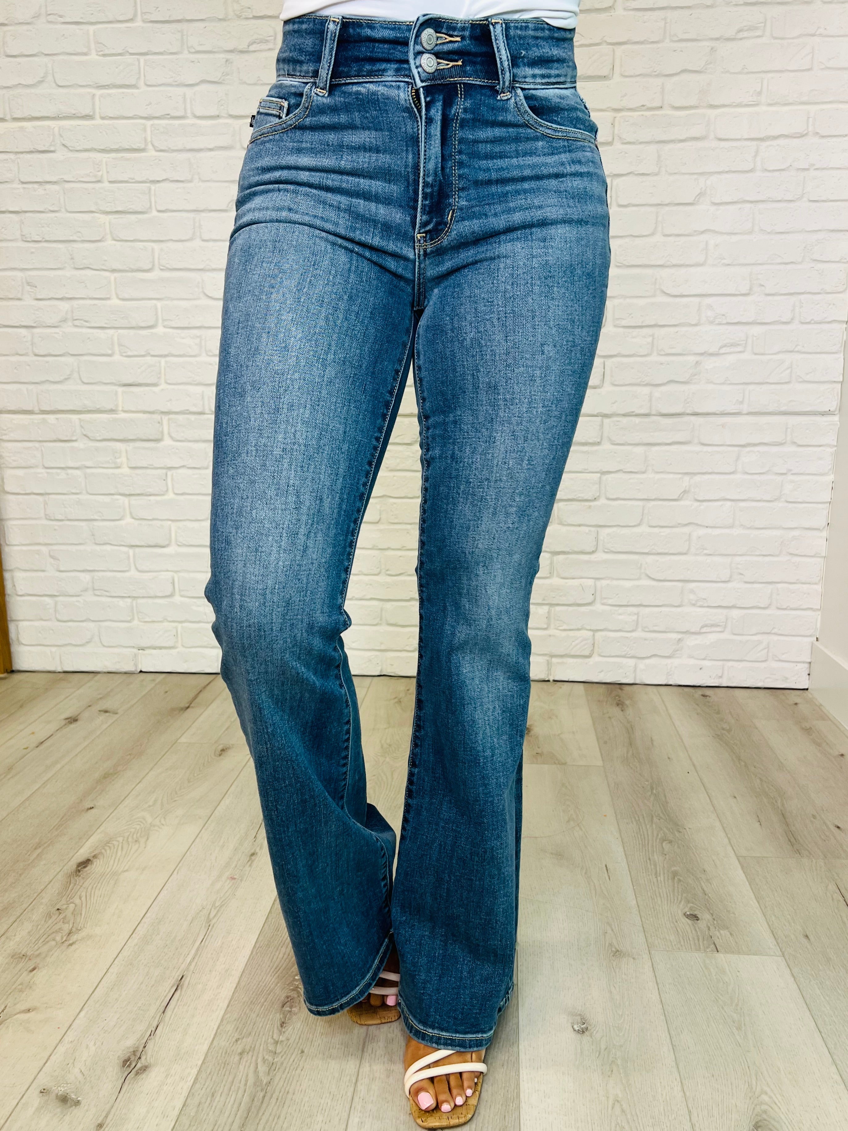 Ariana High Rise Double Button Waistband Flare Jeans - Charming Charlie