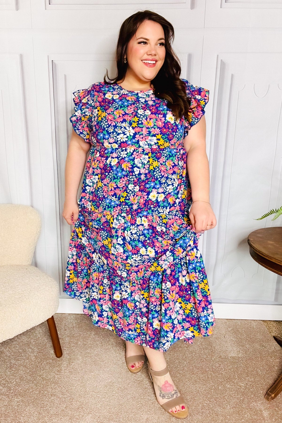 Just A Dream Navy Floral Smocked Ruffle Sleeve Maxi Dress - Charming Charlie