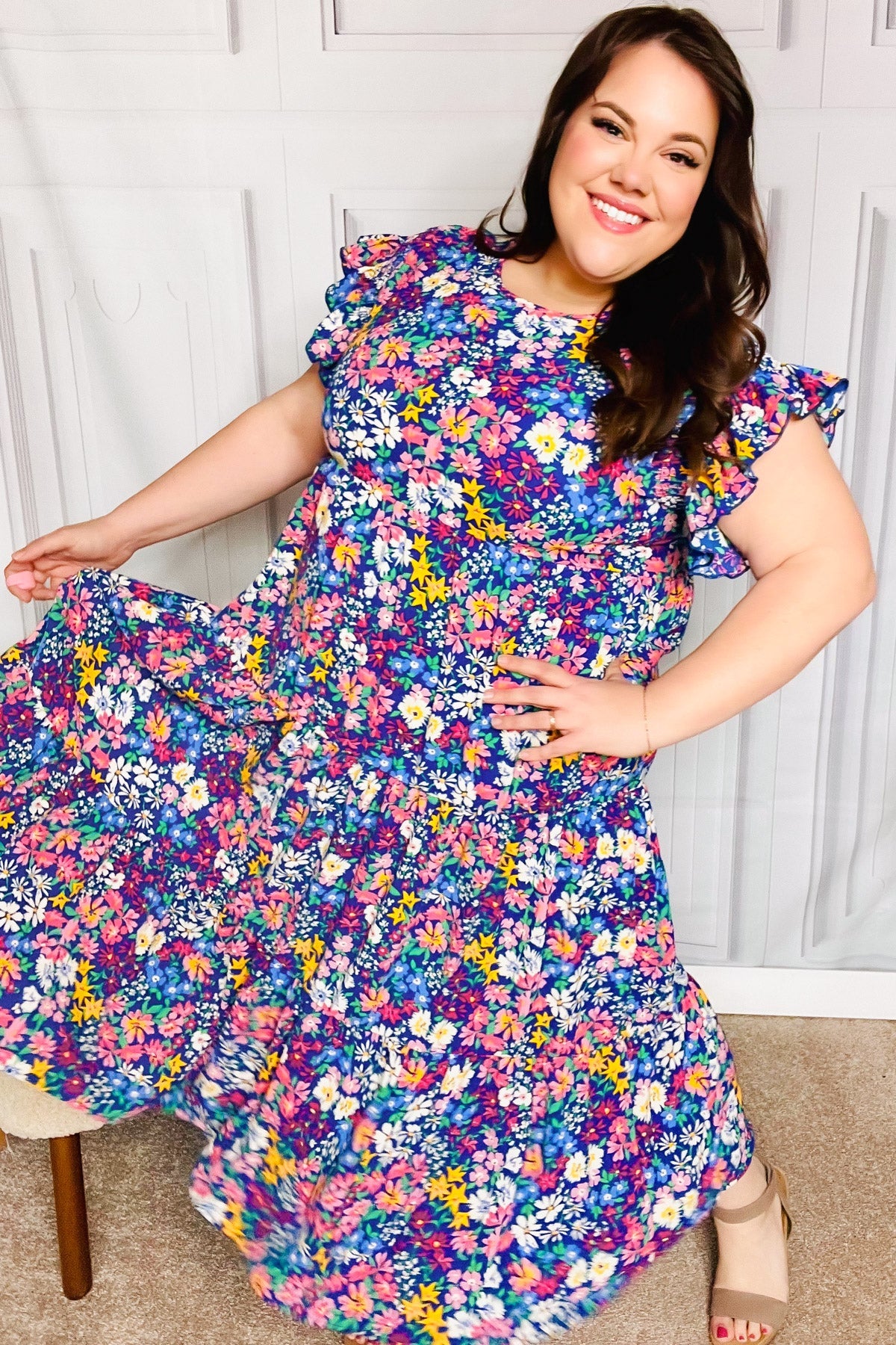 Just A Dream Navy Floral Smocked Ruffle Sleeve Maxi Dress - Charming Charlie