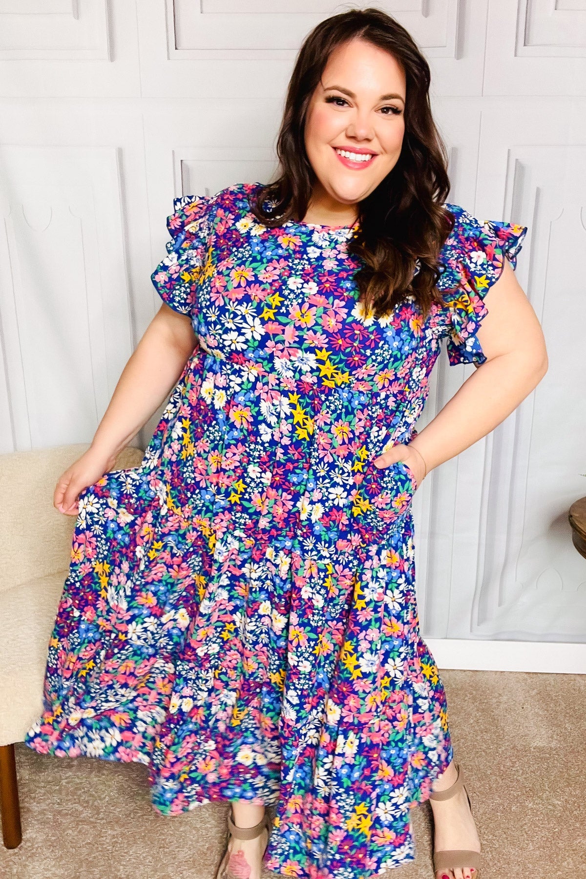 Just A Dream Navy Floral Smocked Ruffle Sleeve Maxi Dress - Charming Charlie