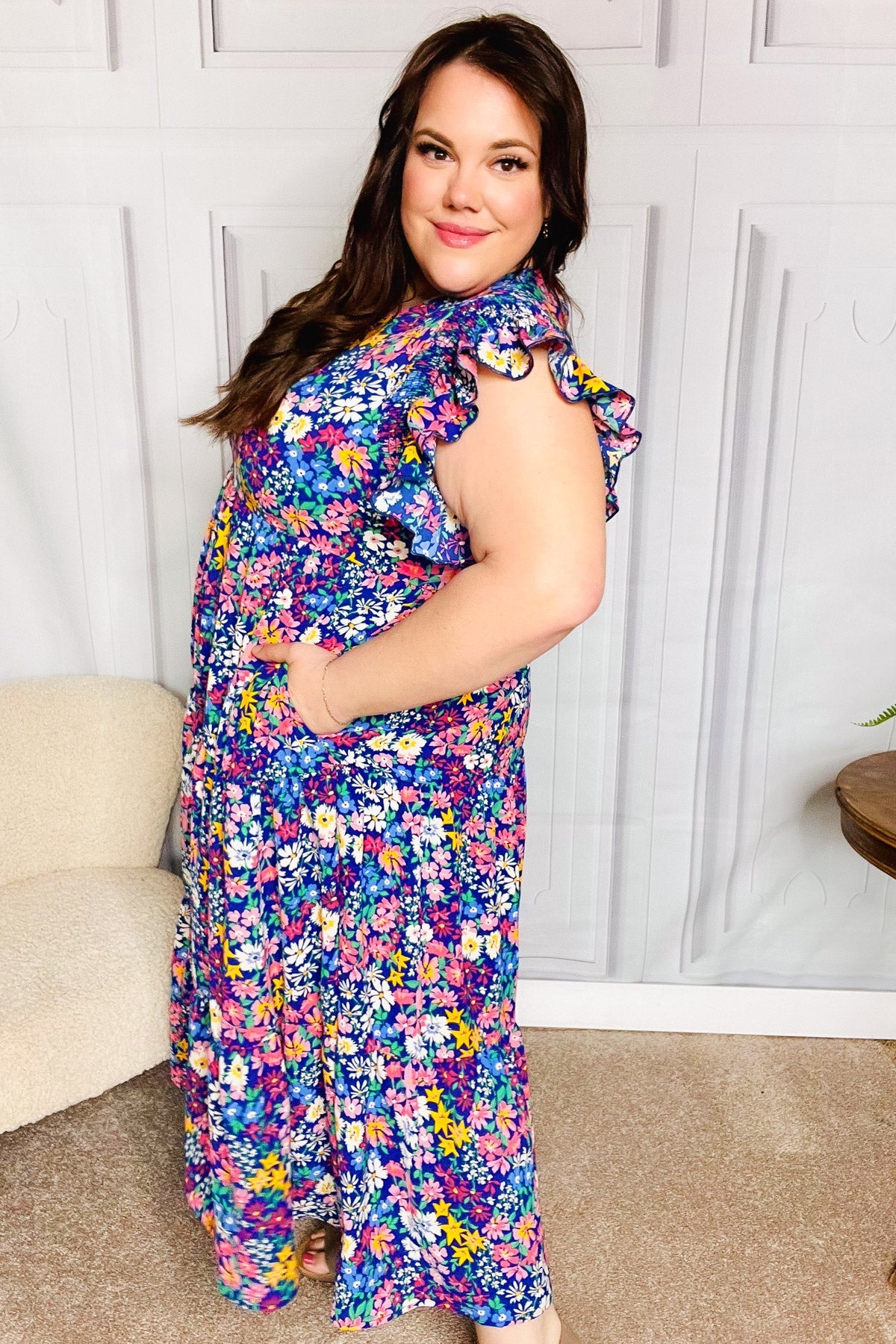 Just A Dream Navy Floral Smocked Ruffle Sleeve Maxi Dress - Charming Charlie