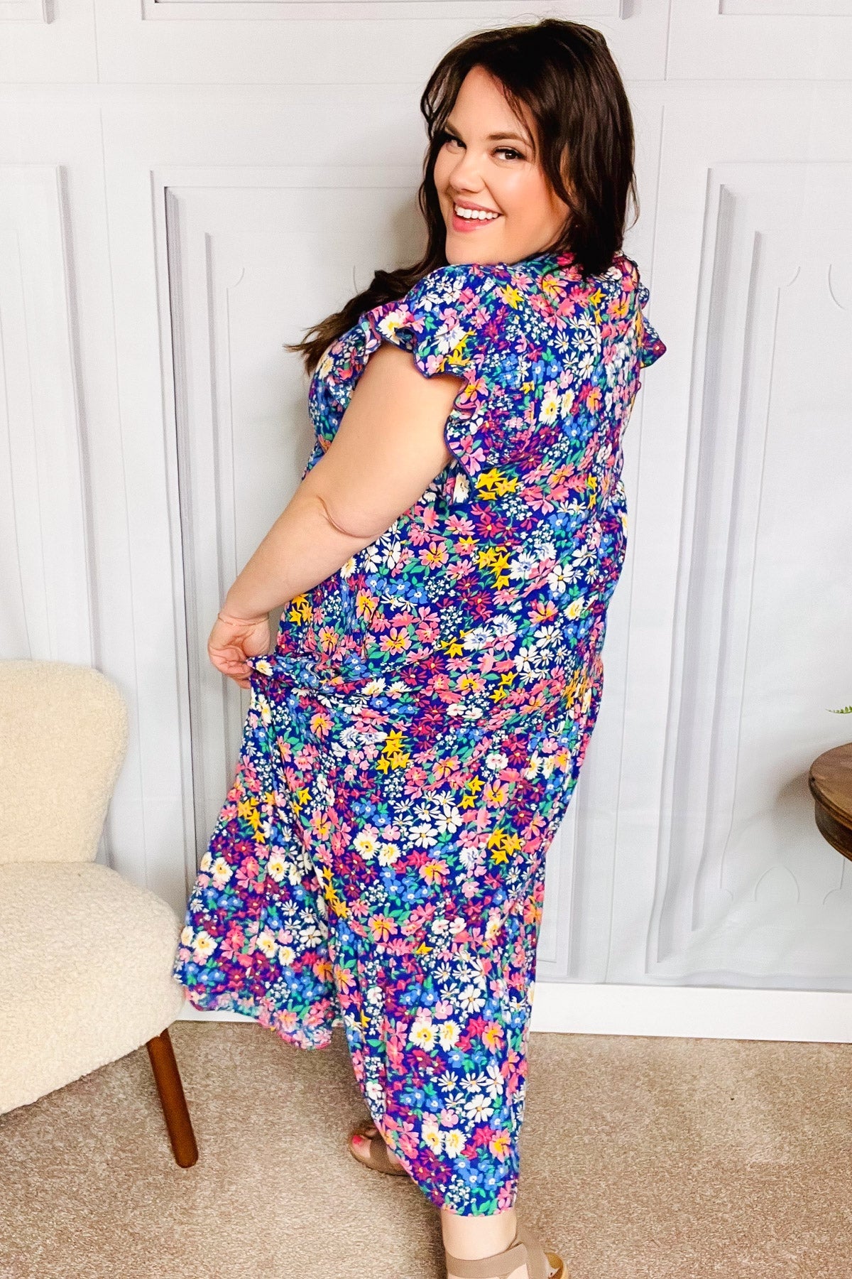 Just A Dream Navy Floral Smocked Ruffle Sleeve Maxi Dress - Charming Charlie