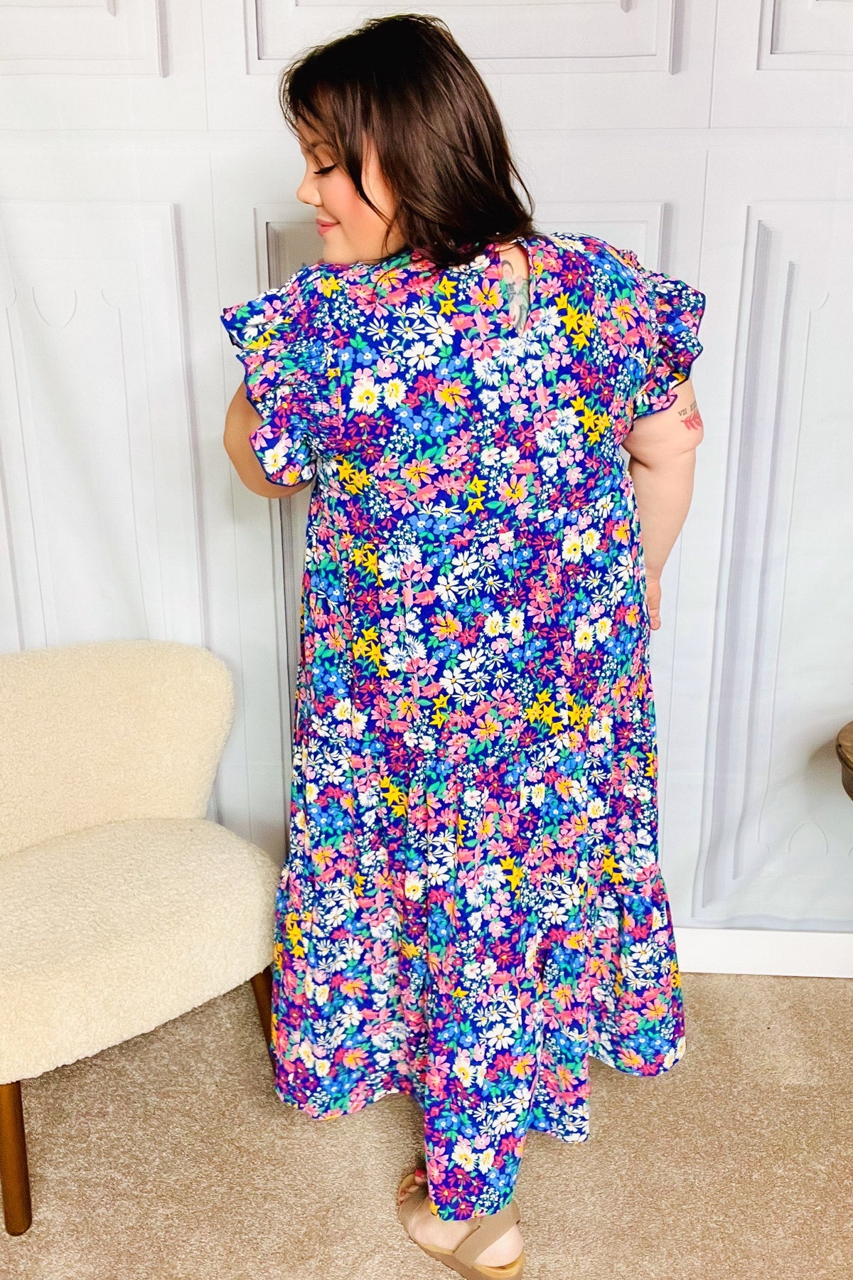 Just A Dream Navy Floral Smocked Ruffle Sleeve Maxi Dress - Charming Charlie