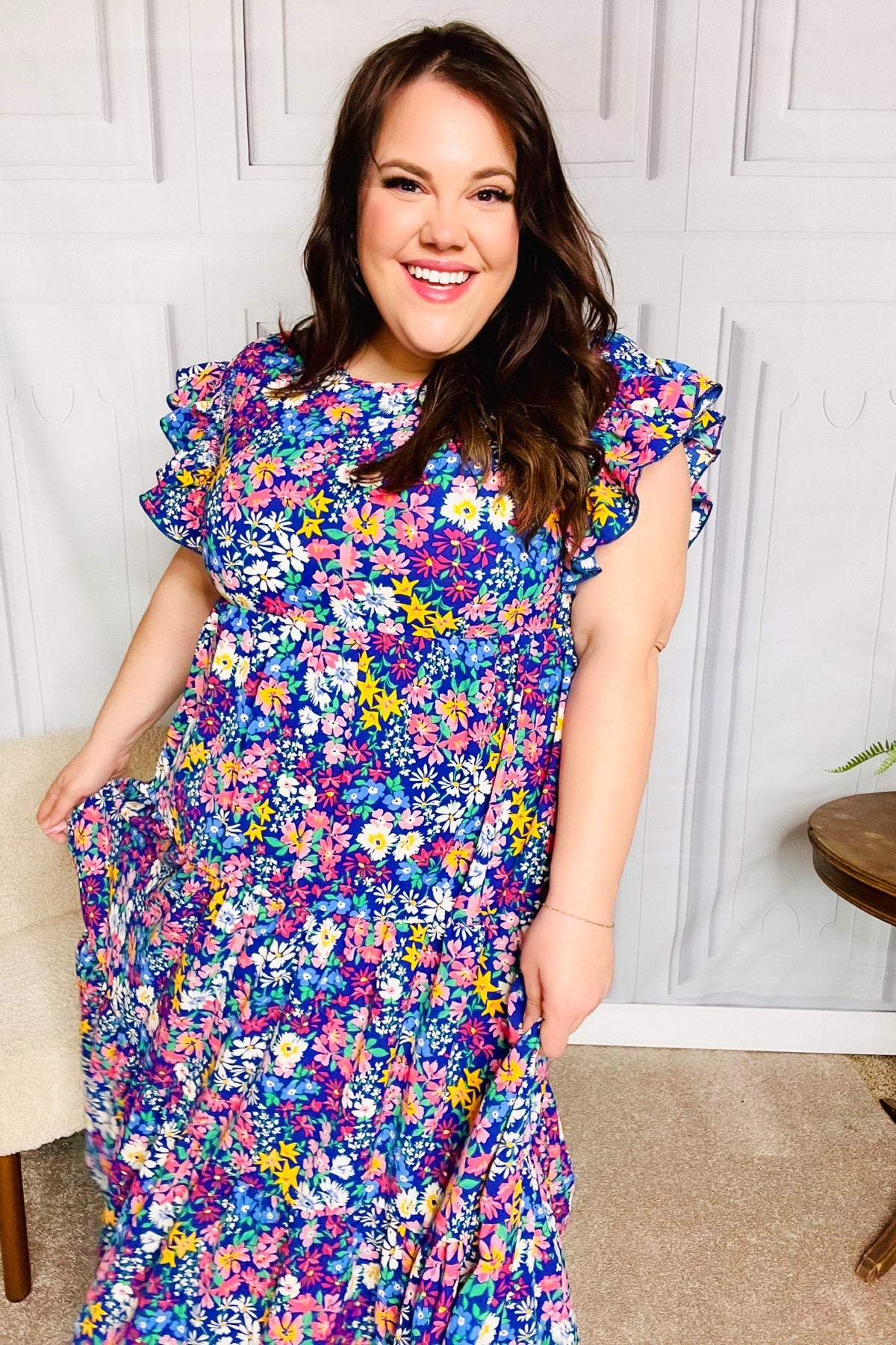 Just A Dream Navy Floral Smocked Ruffle Sleeve Maxi Dress - Charming Charlie